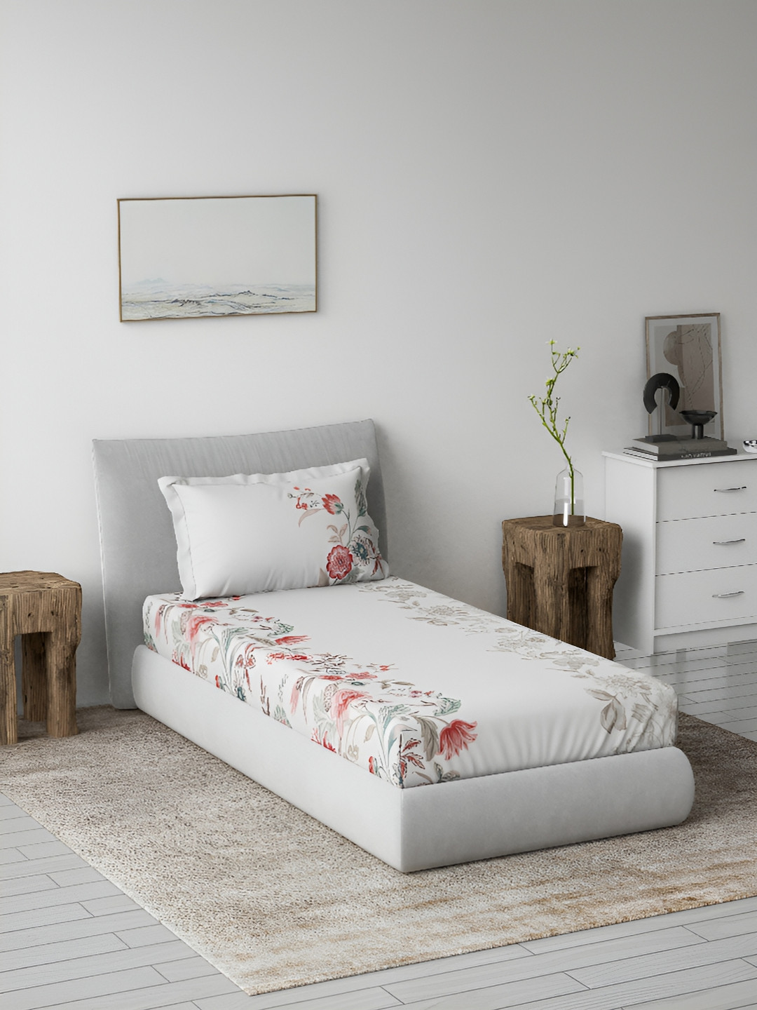 DDecor Live Beautiful Red Floral Cotton 144 TC Single Bedsheet with a Pillow Cover-48 x 75 inches