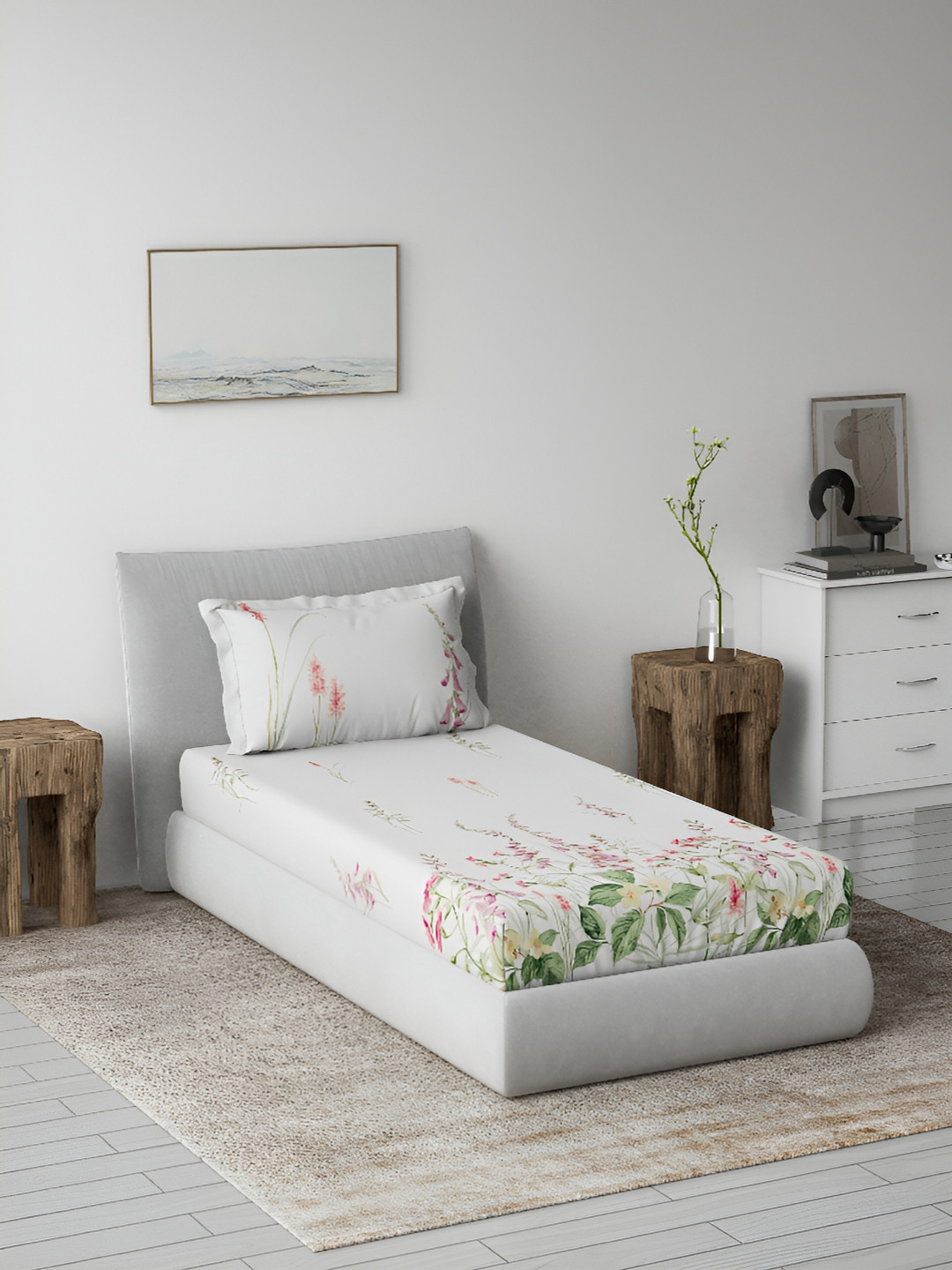 DDecor Pink Floral Cotton 144 TC Single Bedsheet with a Pillow Cover-223 x 239 cm