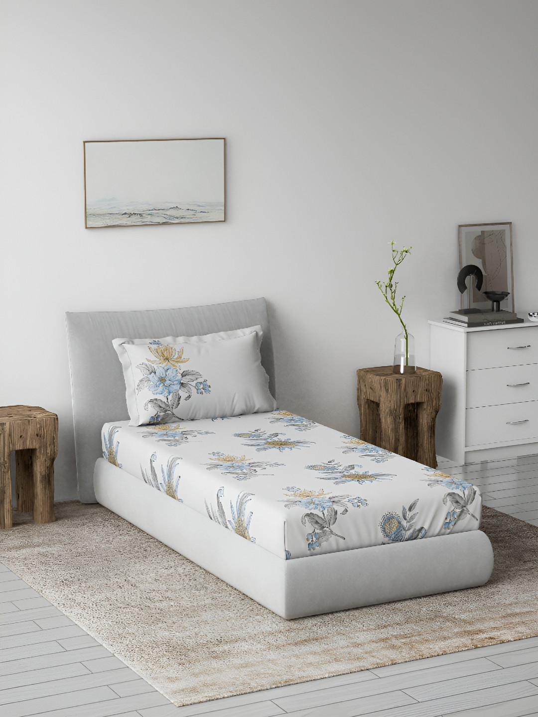 DDecor Live Beautiful Blue Floral Cotton 144 TC Single Bedsheet with a Pillow Cover-88 x 60 inches