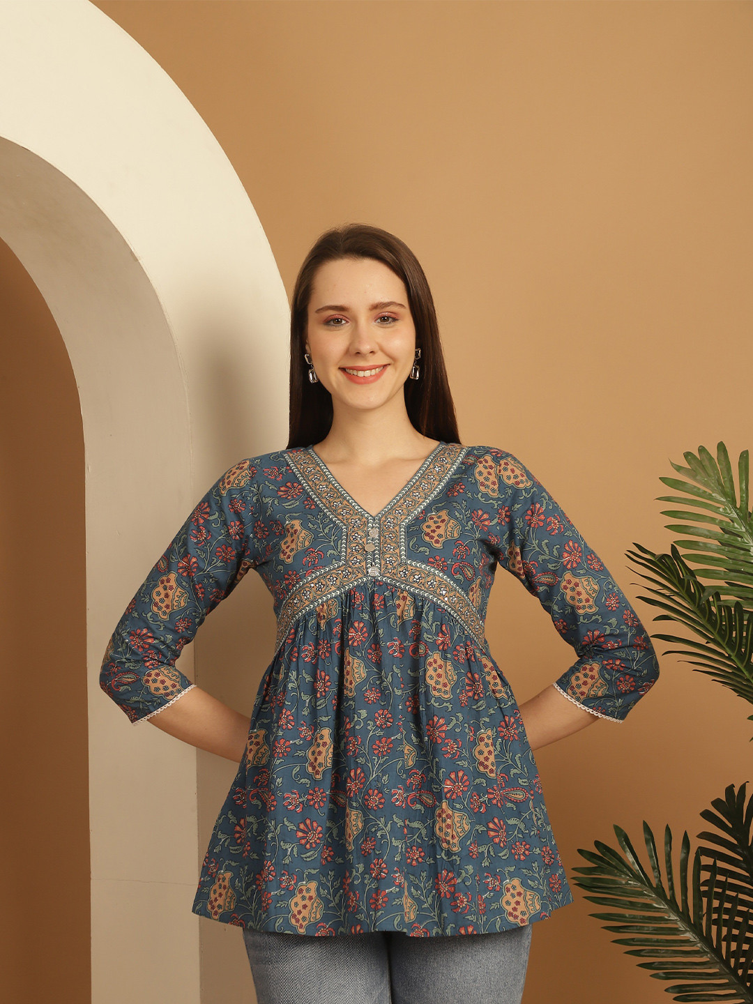 Rajnandini Floral Print Cotton Empire Top