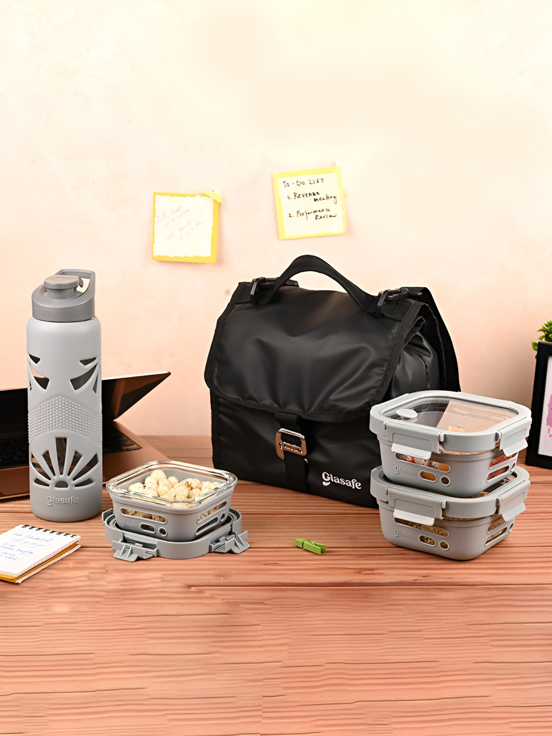 GLASAFE Trio Grip Grey Solid Plastic Dishwasher Safe 5PCs Lunch Box With Spoon and Fork