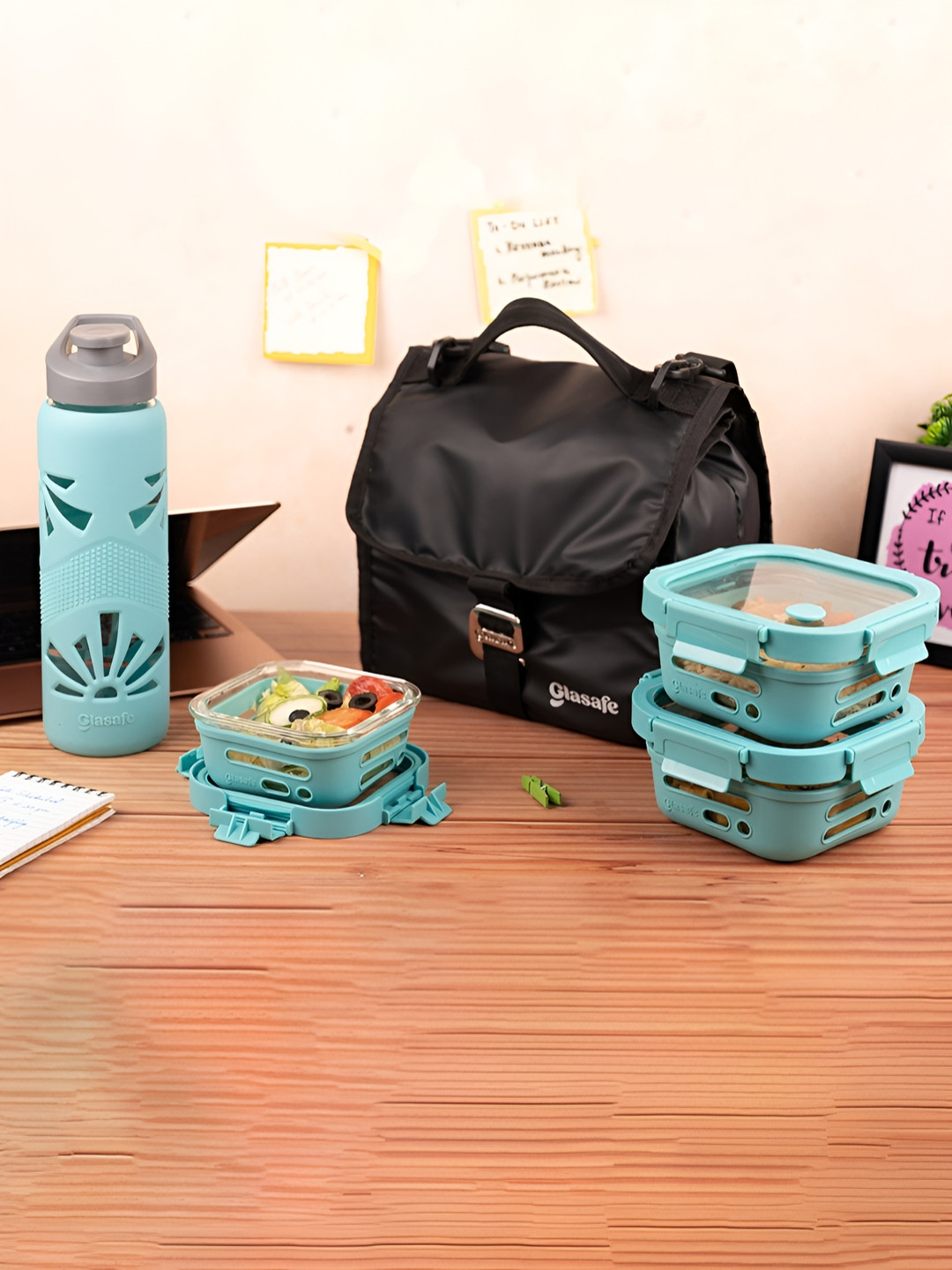 GLASAFE Trio Grip Green Solid Plastic Dishwasher Safe 5PCs Lunch Box With Spoon and Fork