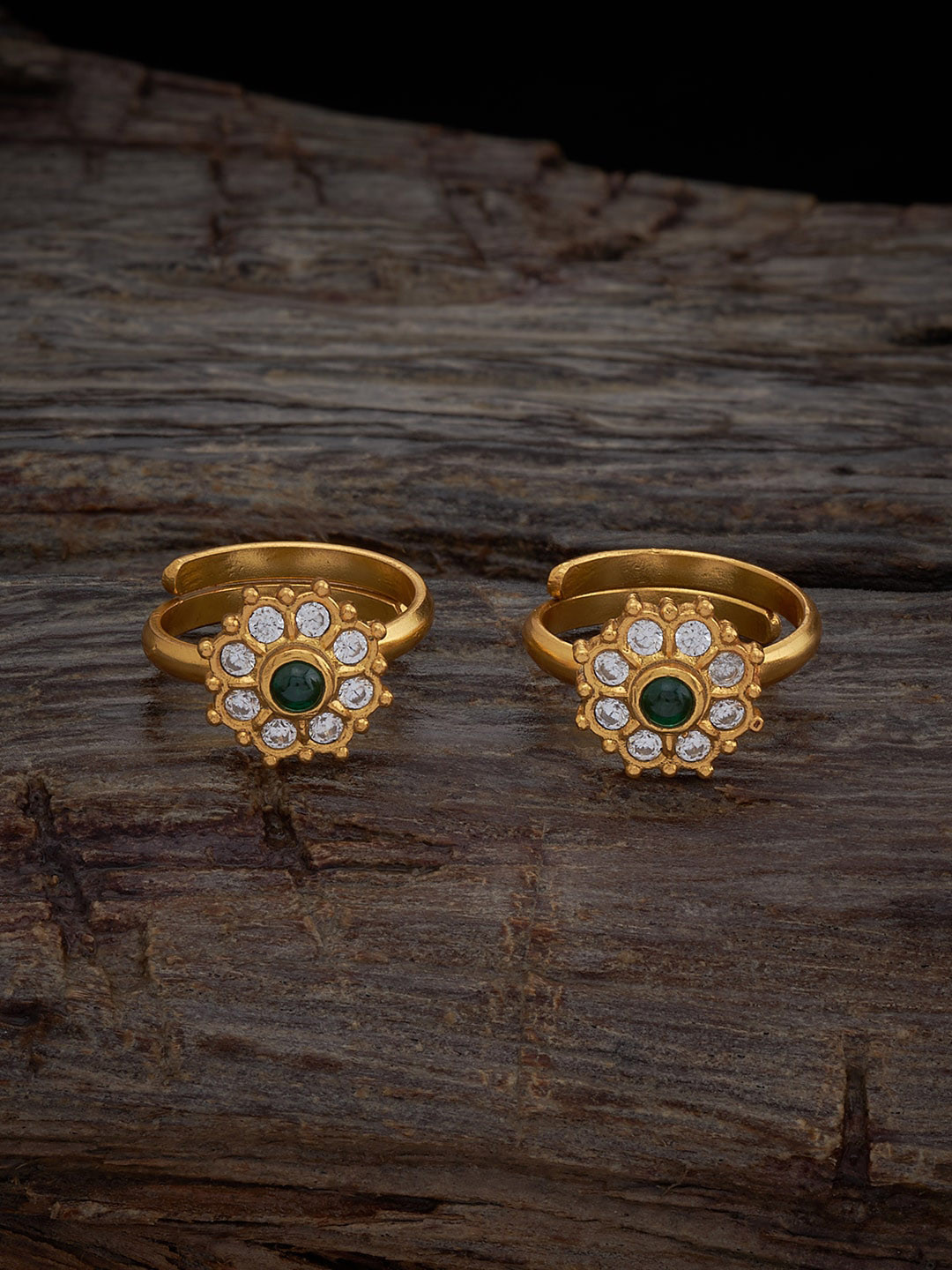 Kushal's Fashion Jewellery Set Of 2 Gold-Plated 92.5 Pure Silver Stone Temple Toe Rings