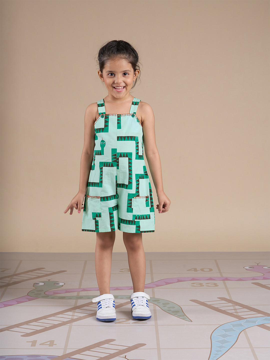 LIL DRAMA Snakes and Ladders Girls Green Table Printed Jumpsuit