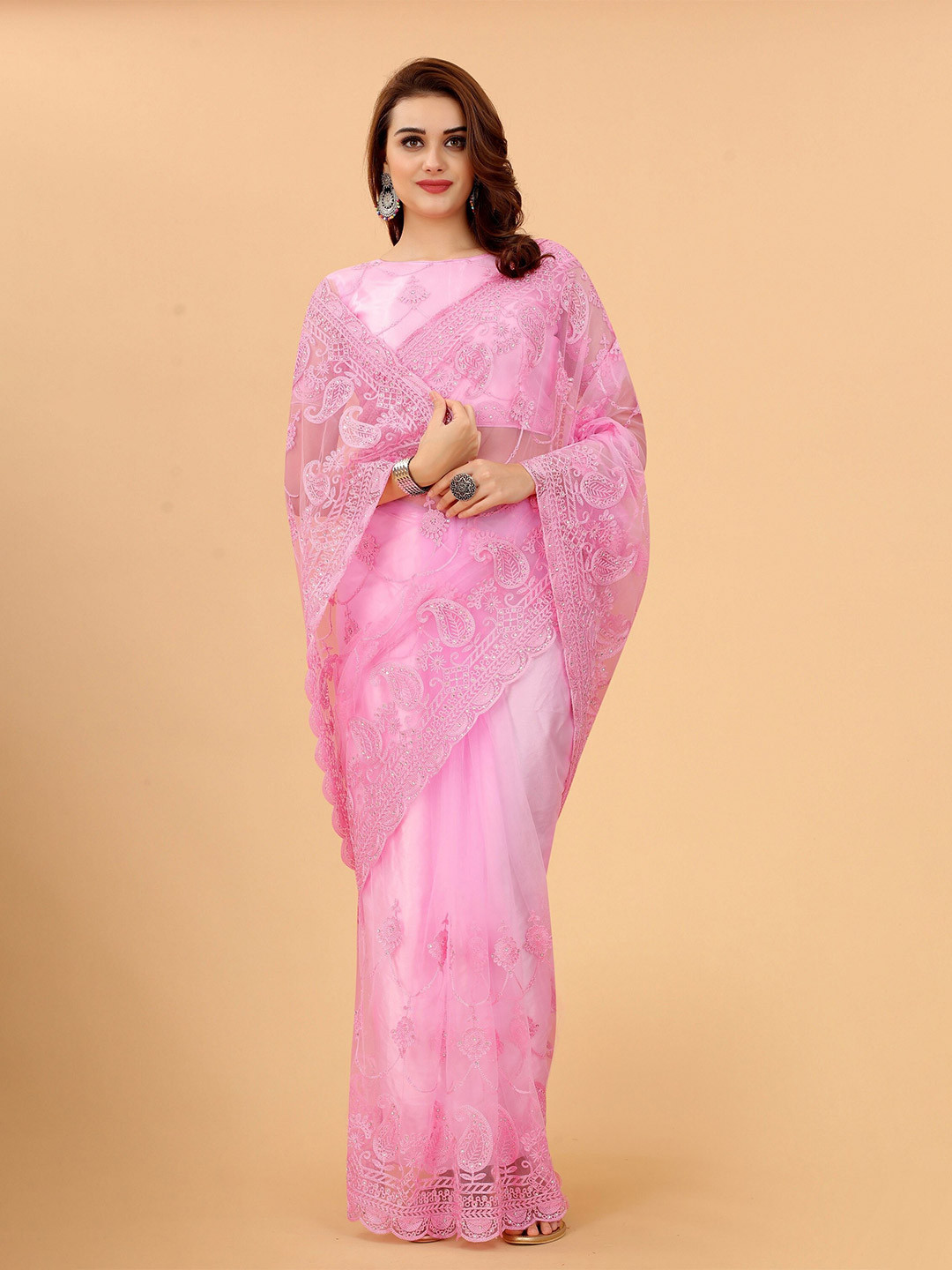 SILK SAREE HUB Floral Embroidered Net Block Print Saree