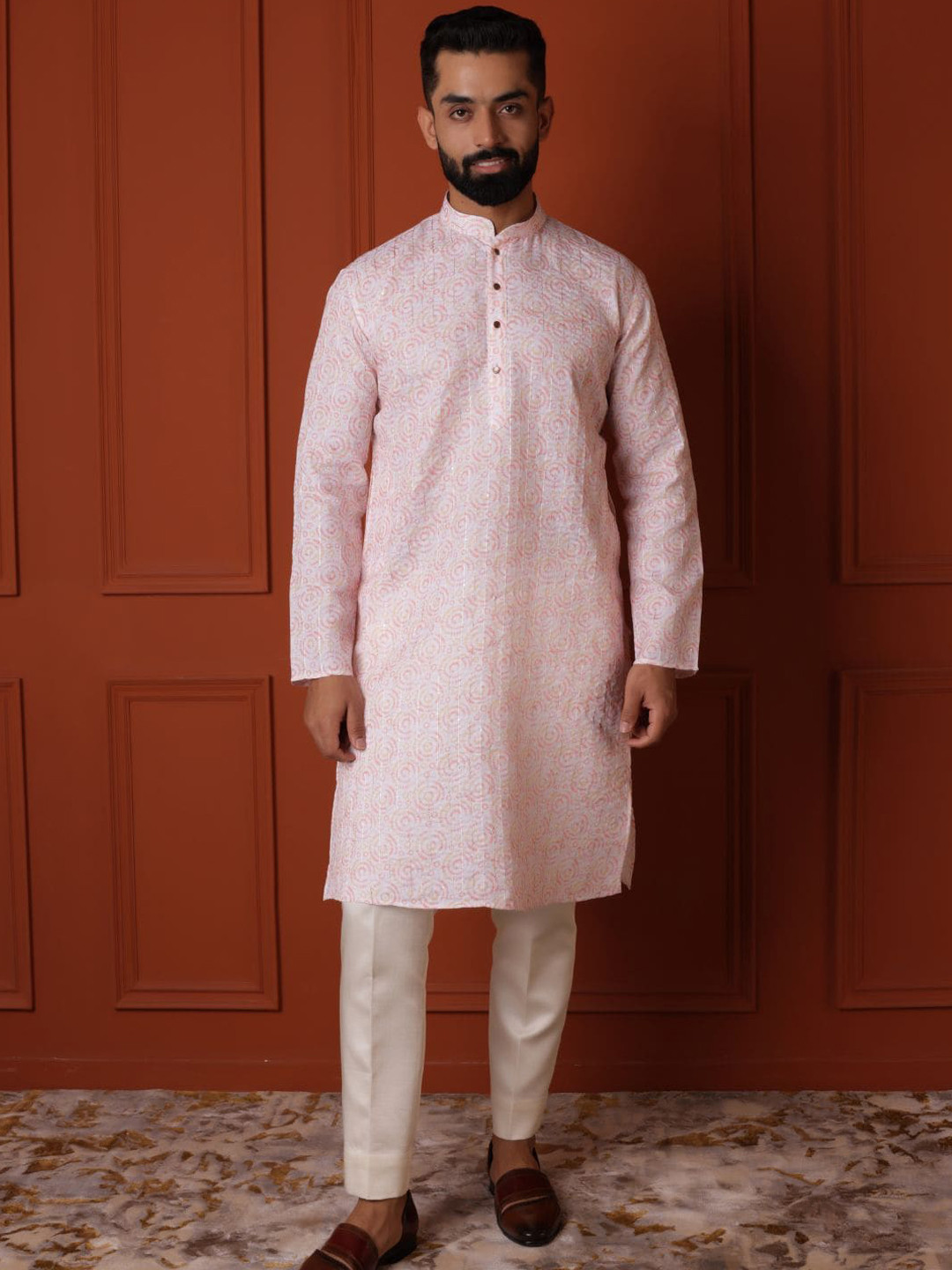 Lightpole Floral Printed Mandarin Collar Thread Work Linen Straight Kurta
