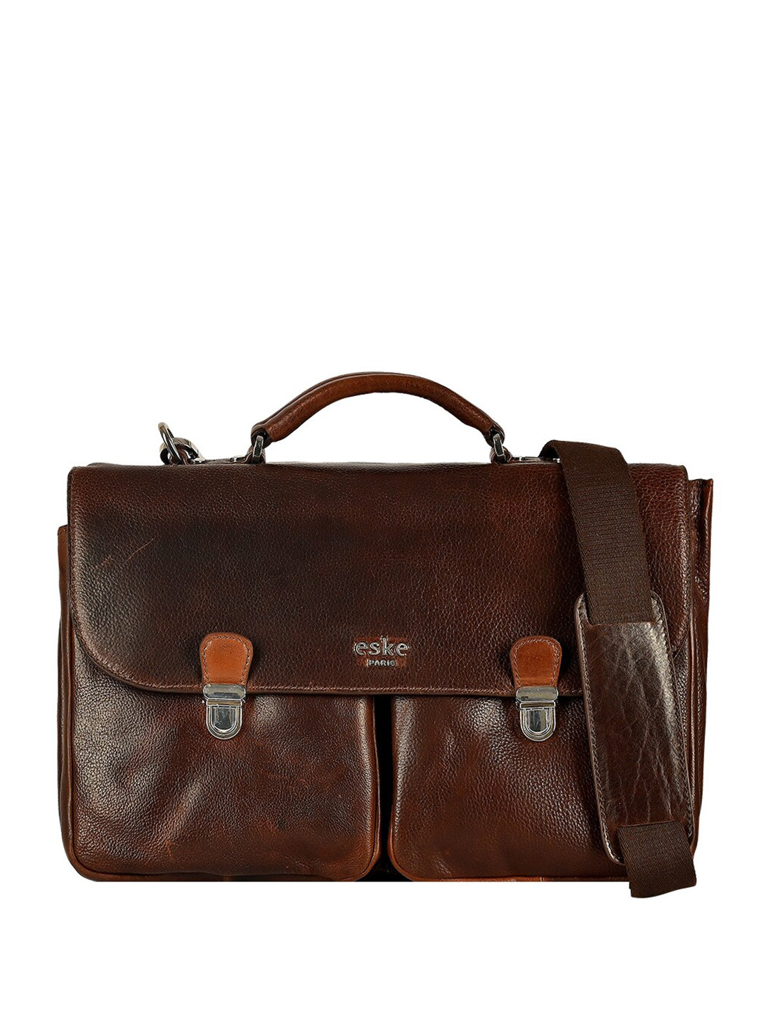 eske Men Tan Textured Trolley Strap Dual Compartment 14 inch Leather Laptop Messenger Bag