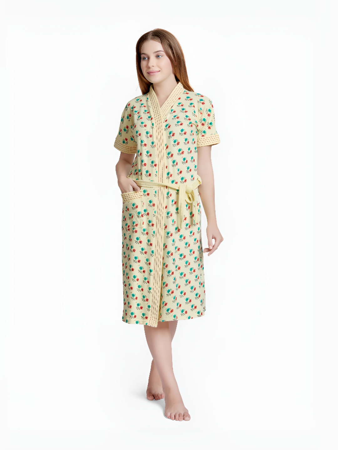 Sand Dune Yellow Floral Cotton Drawstring Knee Length Bath Robe