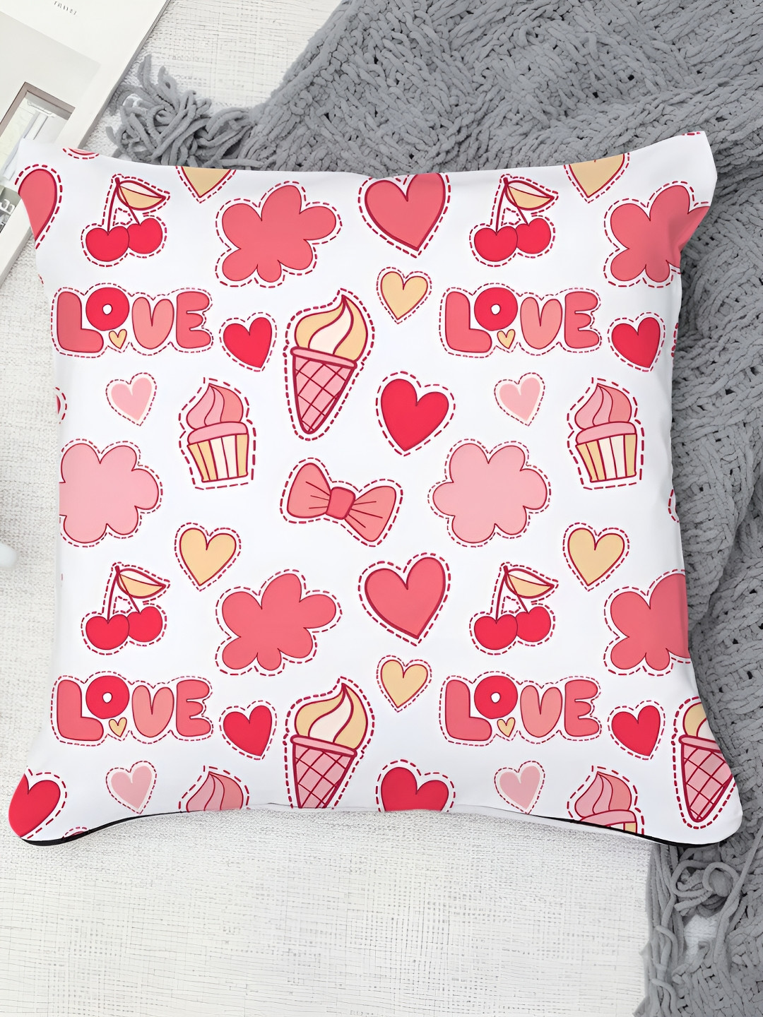 DecorTwist White & Pink Printed Satin Cushion Cover With Filler