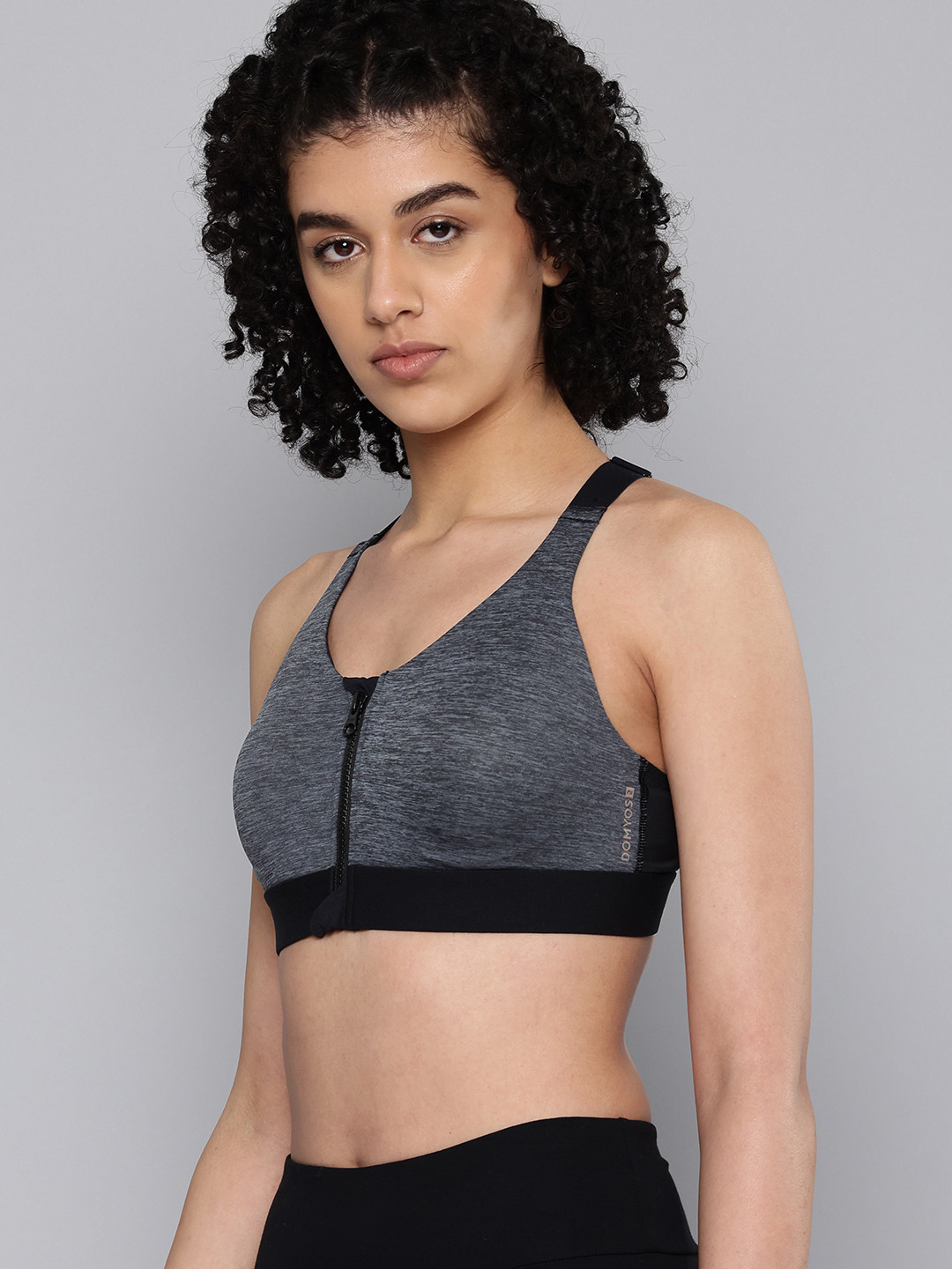 Decathlon DOMYOS - Women Grey Full Coverage Padded Support Zip-Up Sports Bra