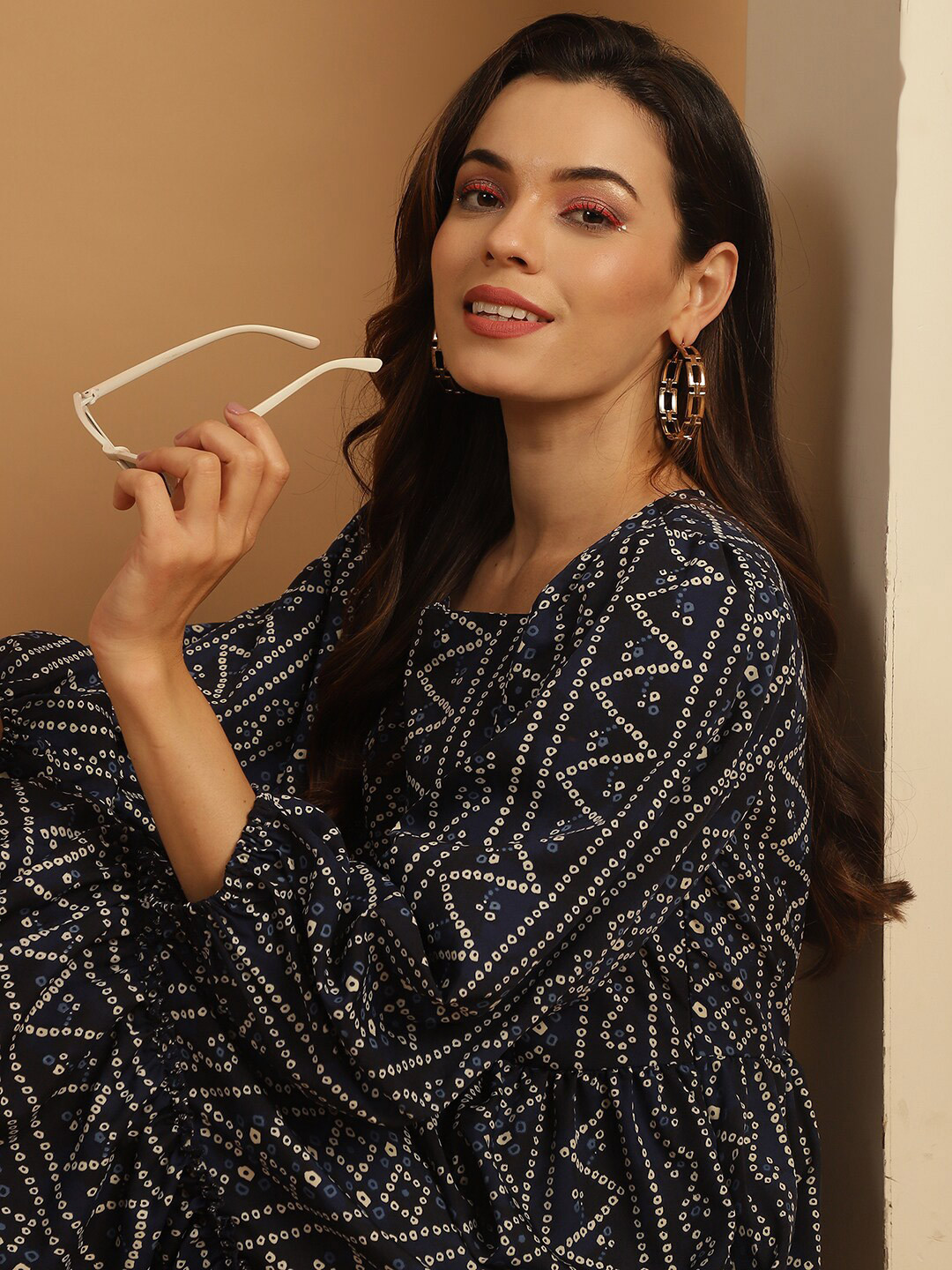 Indian Needle Geometric Printed Square Neck Puff Sleeves Gathered or Pleated A-Line Dress