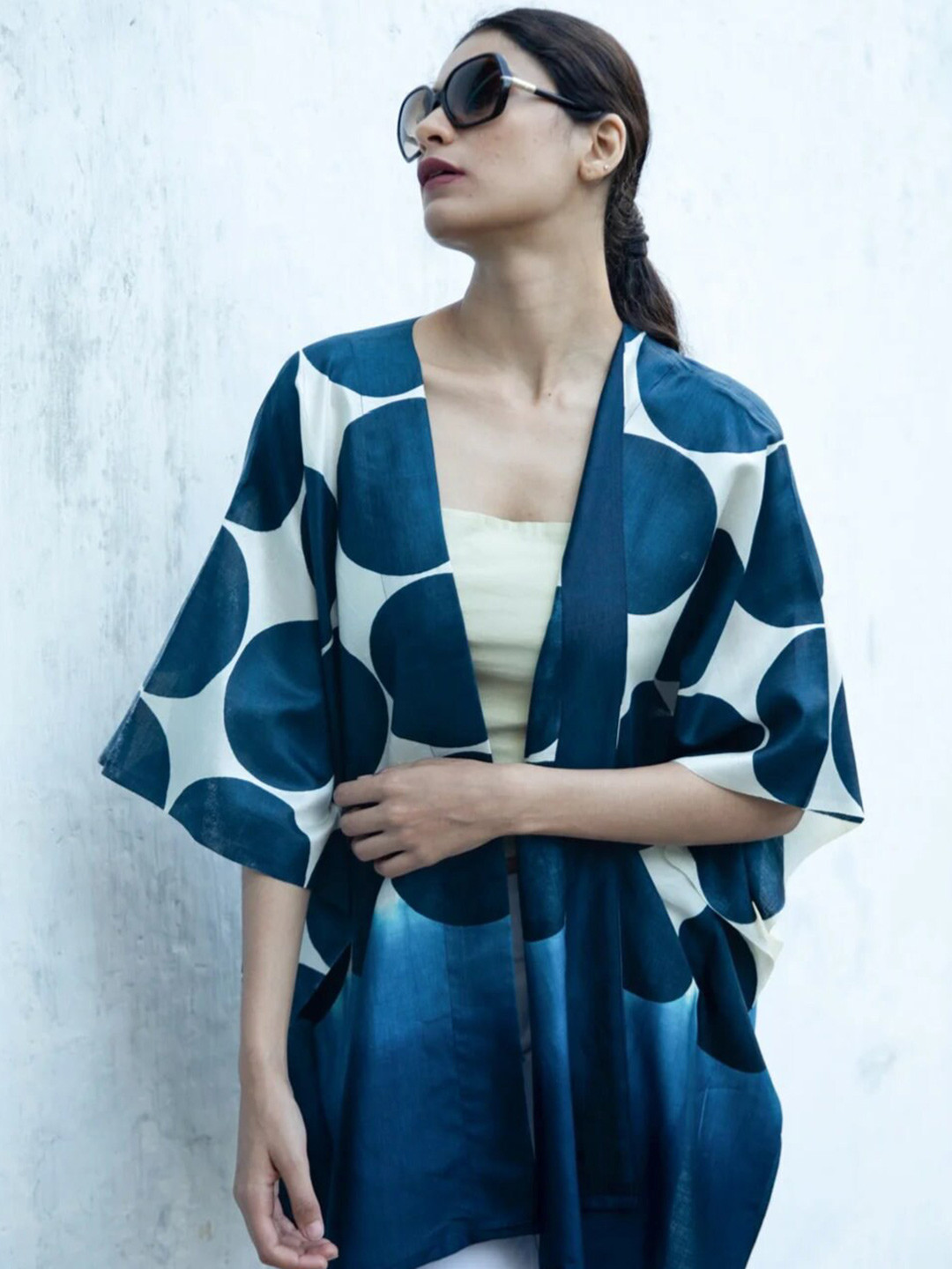 AESHAANE Geometric Printed Kimono Sleeves Pure Silk Top