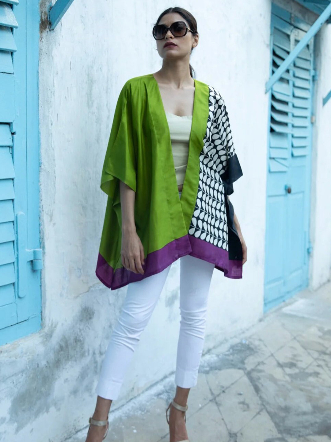 AESHAANE Print Bohemian Pure Silk Kimono Style Top