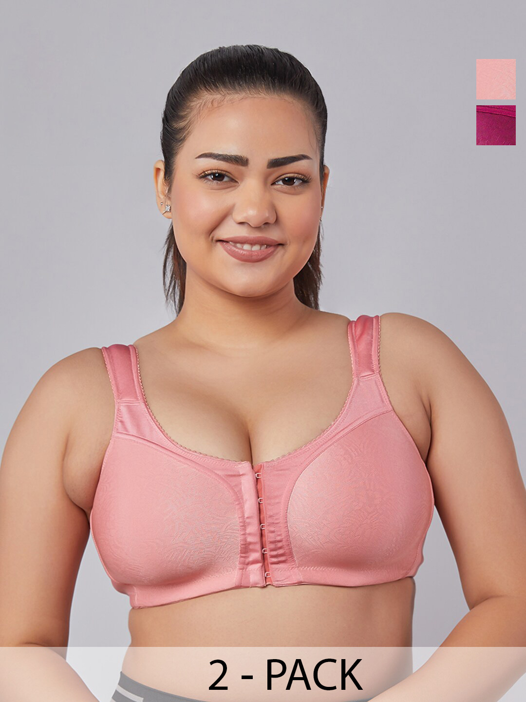 MAASHIE Pack pf 2 Jacquard Fabric Molded Cups Front Open Bra DPNK-BRGD