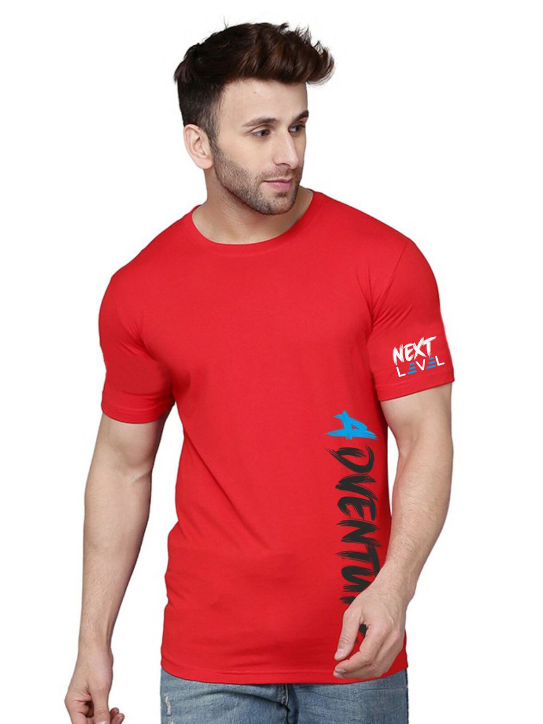 Red Typography Printed Long Sleeves Round Neck Cotton T-shirt