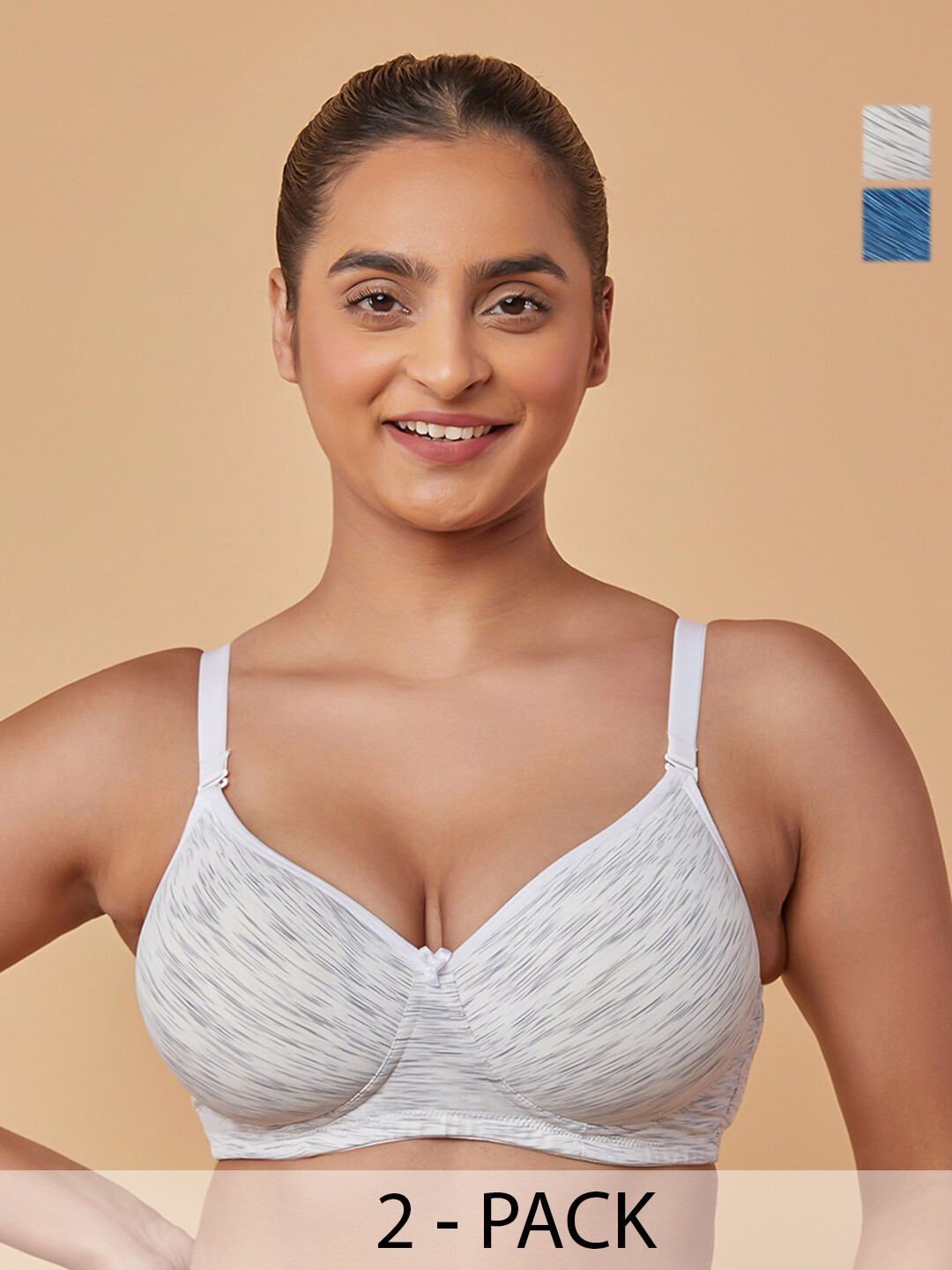 MAASHIE Pack of 2 Convertible Straps Non-Wired Padded T-Shirt Bra BLU-WH