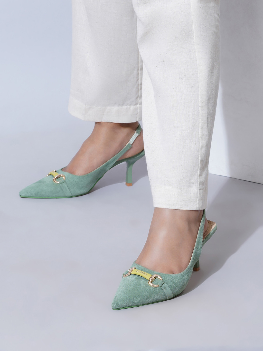 Sherrif Shoes Pointed Toe Slim Heeled Mules with Buckles