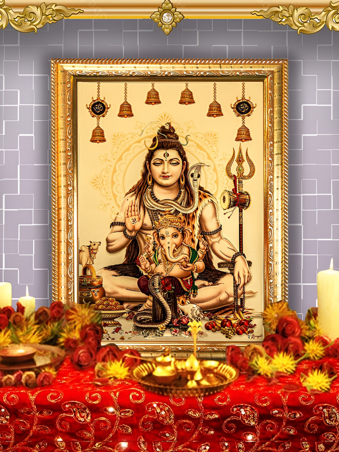 Hawai Gold Plated Lord Shiva with Ganesha Religious Wall Photo Frames