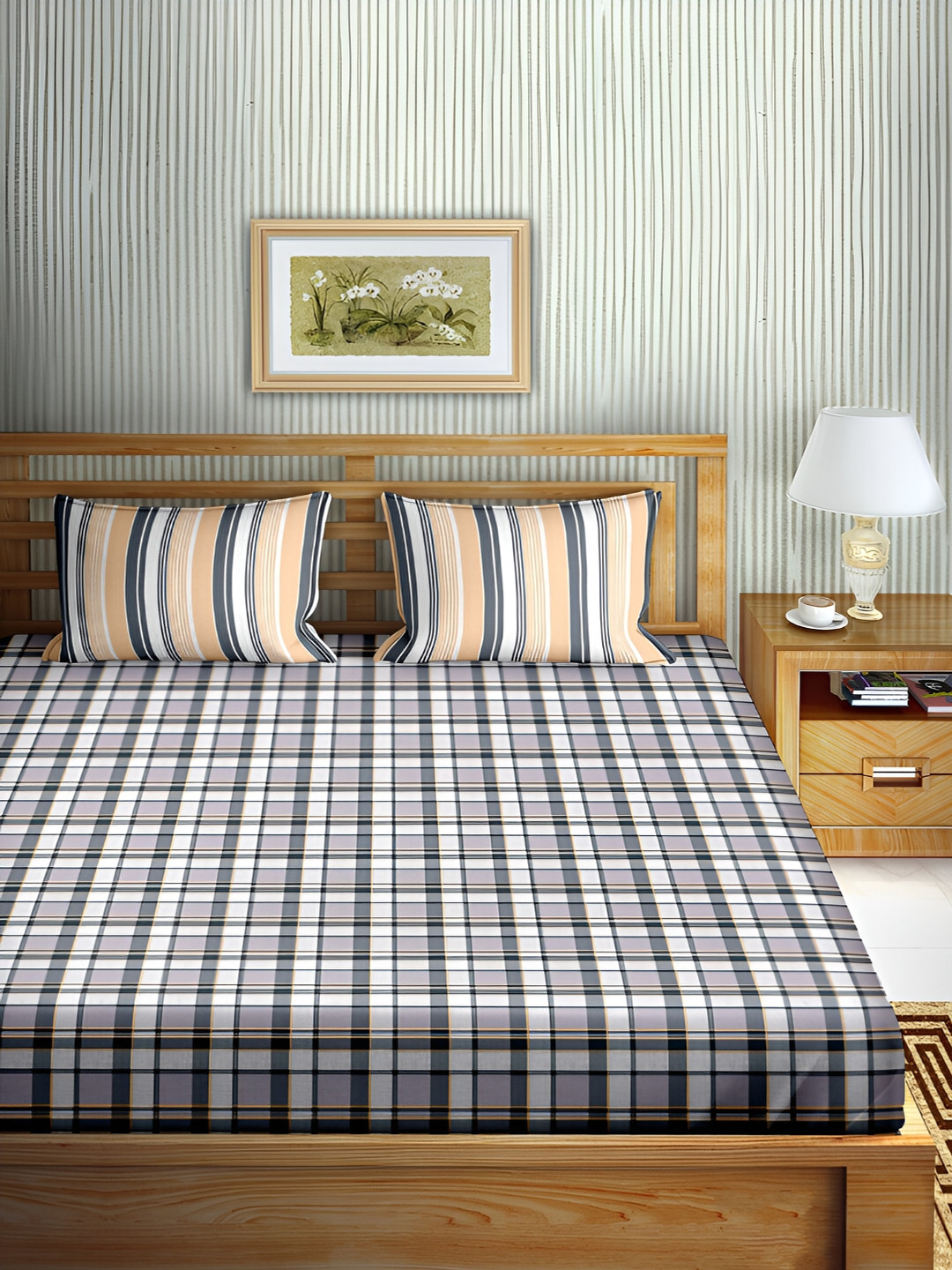 Aura Grey Checked Cotton 180 TC Queen Fine Bedsheet with 2 Pillow Covers-88 x 96 inches