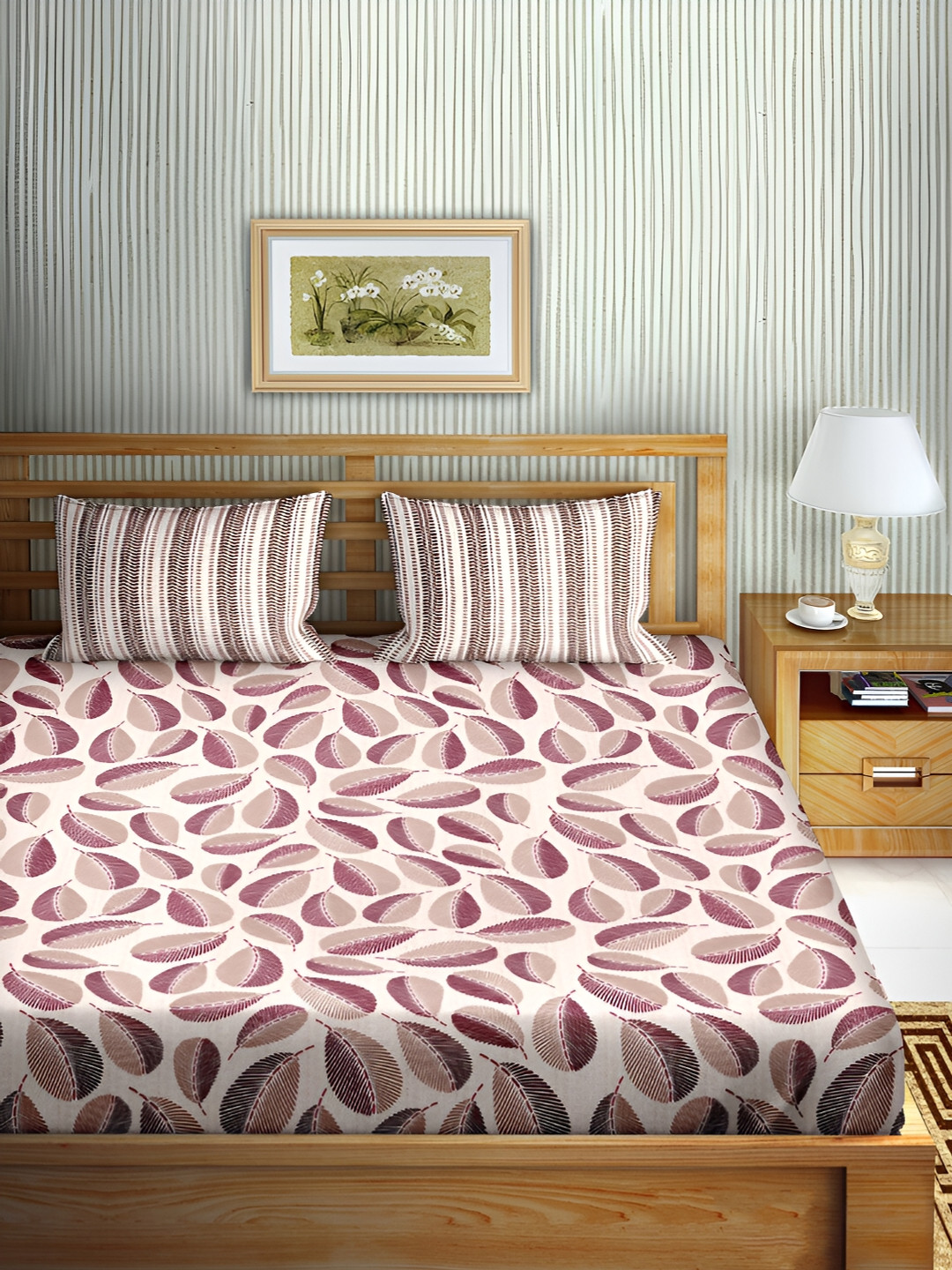 Aura Coral & Beige Floral Cotton 180 TC King Bedsheet with 2 Pillow Covers