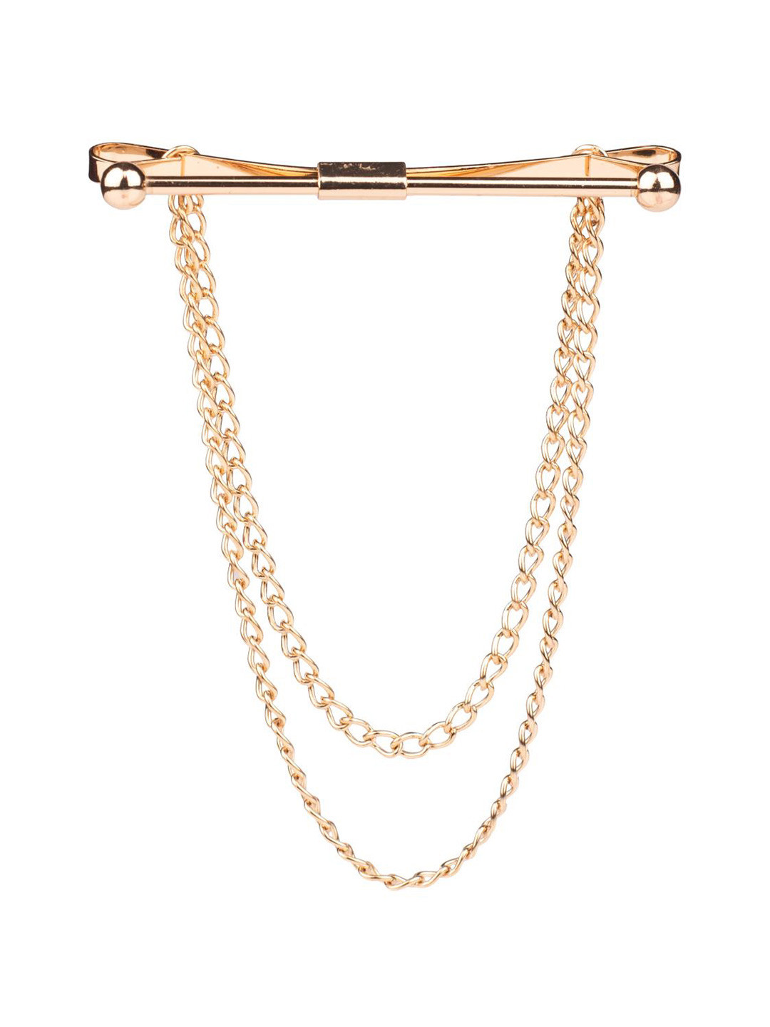 The Tie Hub Men Classic Collar Bar with Double Chain Gold-Plated Lapel Pin Brooch