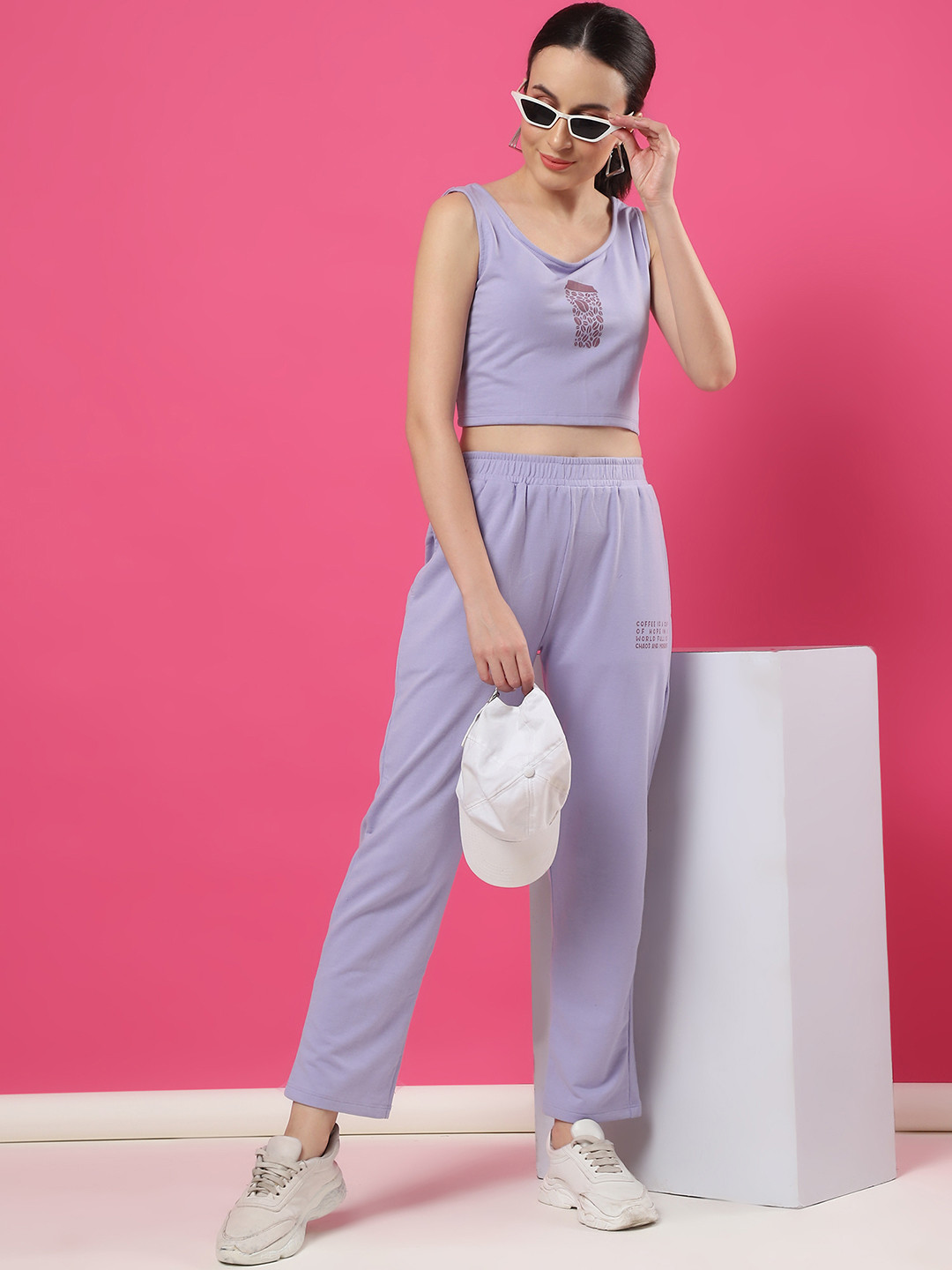 Rigo Purple Printed Crop Top with Trousers Co-Ords Set