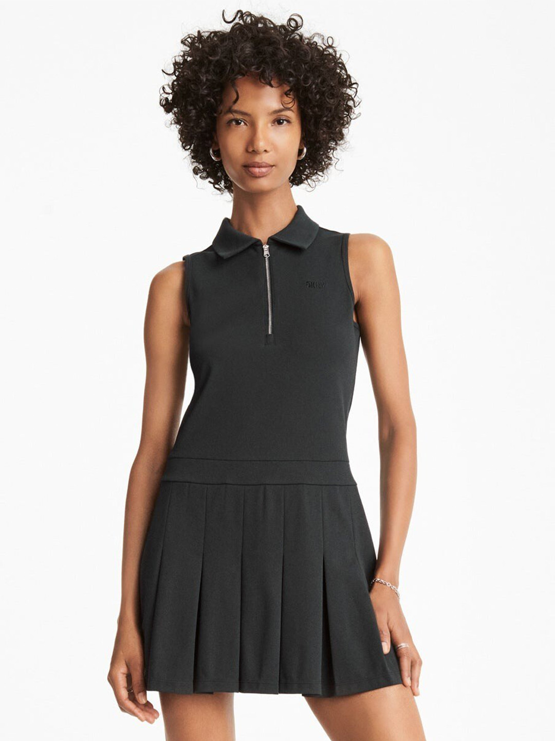 DKNY Shirt Collar Sleeveless Gathered or Pleated Fit & Flare Mini Dress