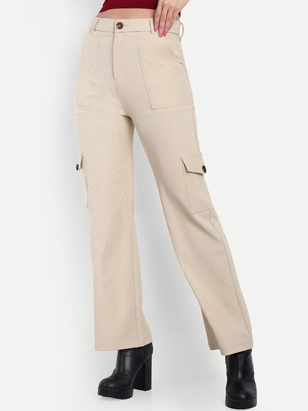 Next One Women Smart Straight Fit High-Rise Easy Wash Corduroy Cargos Trouser