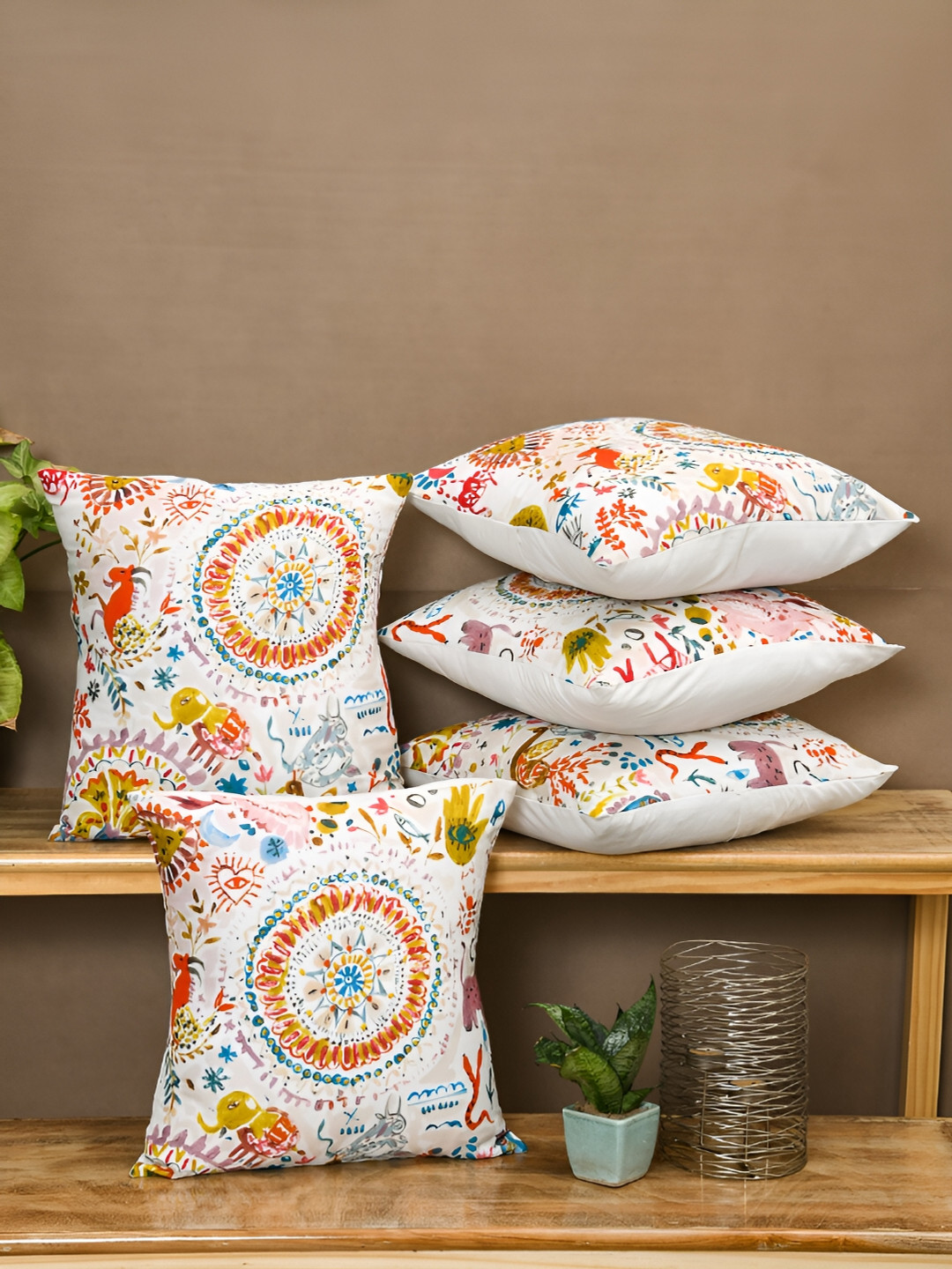 Ratan Cart Orange Floral Cotton Breathable 5 Piece Square Cushion Covers -16x16In