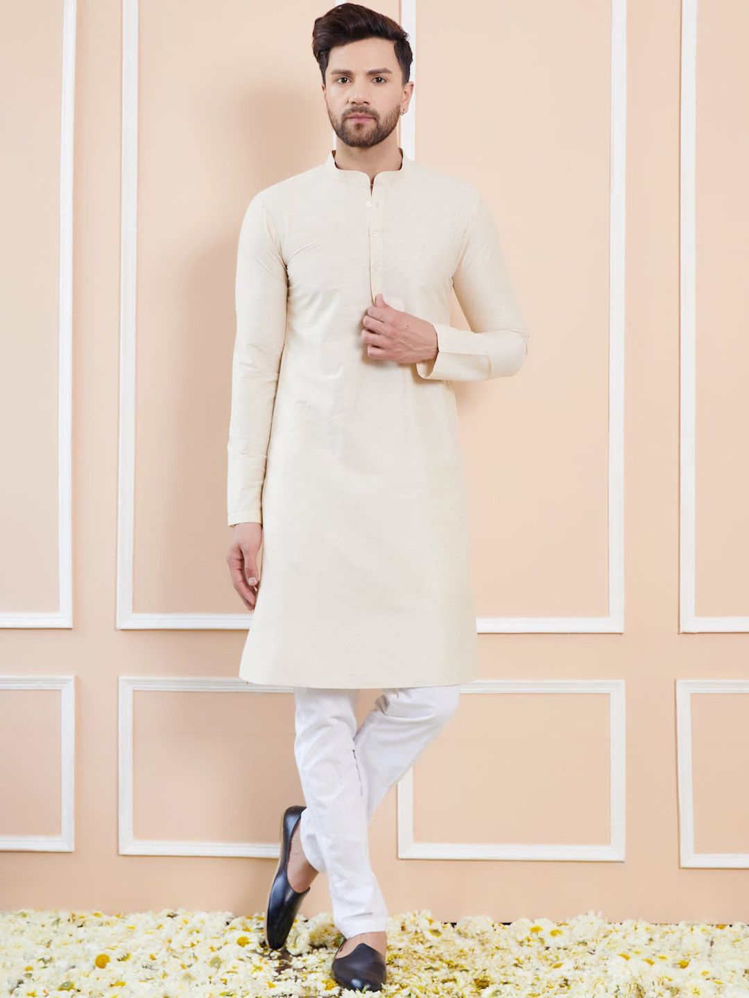 See Designs Mandarin Collar Long Sleeves Pure Cotton Straight Kurta With Pyjamas
