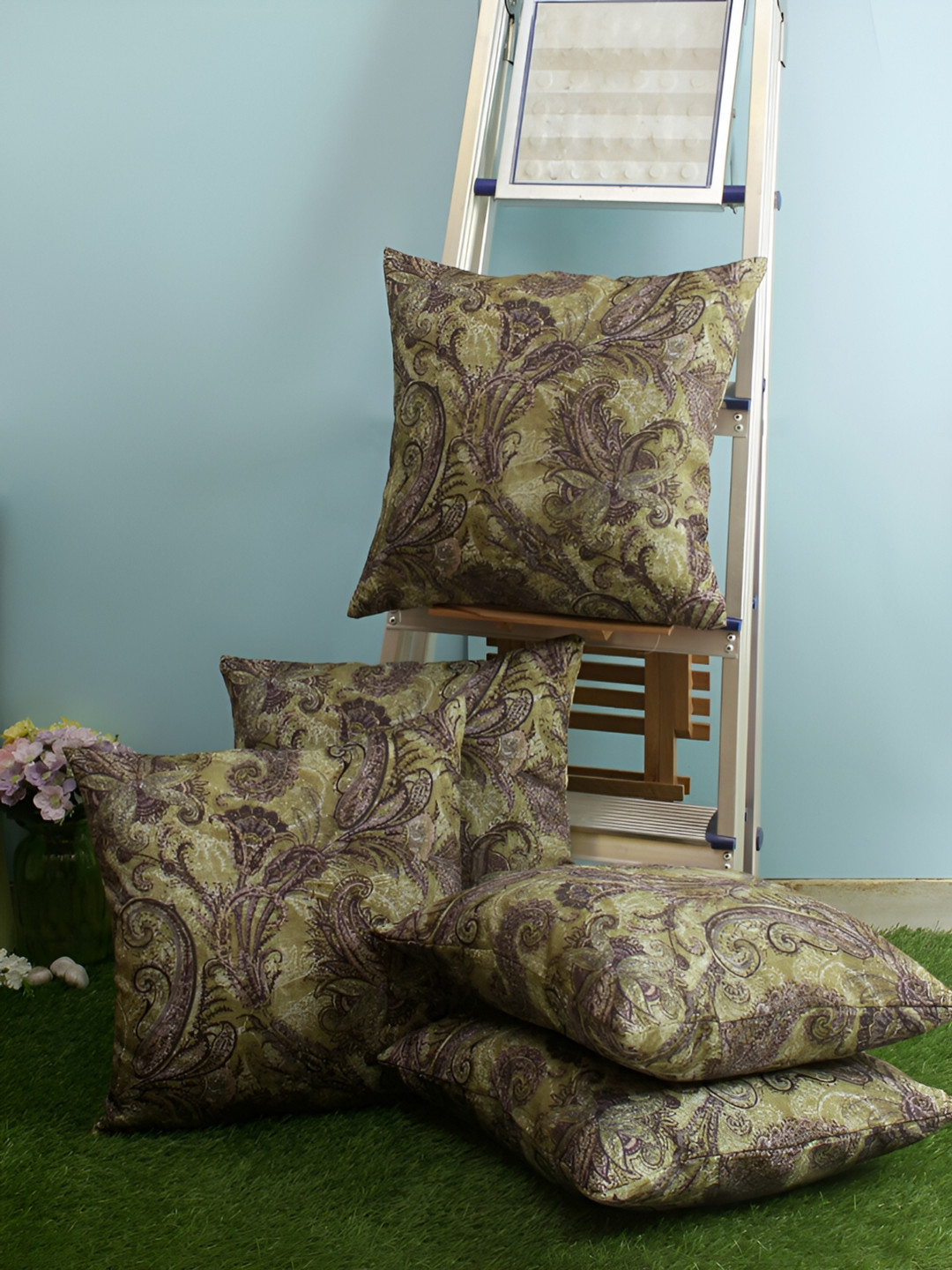 ROMEE Green & Purple 5 Pieces Floral Square Cushion Covers