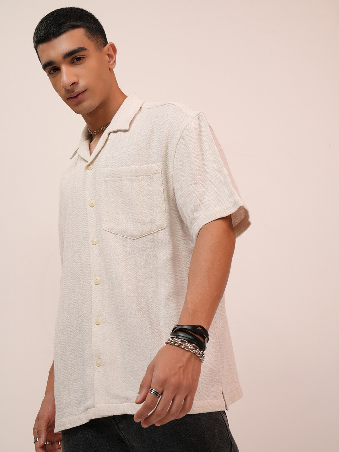 Highlander Men Off Oversized Textured Dobby Half Sleeve Cuban Collar Shirt