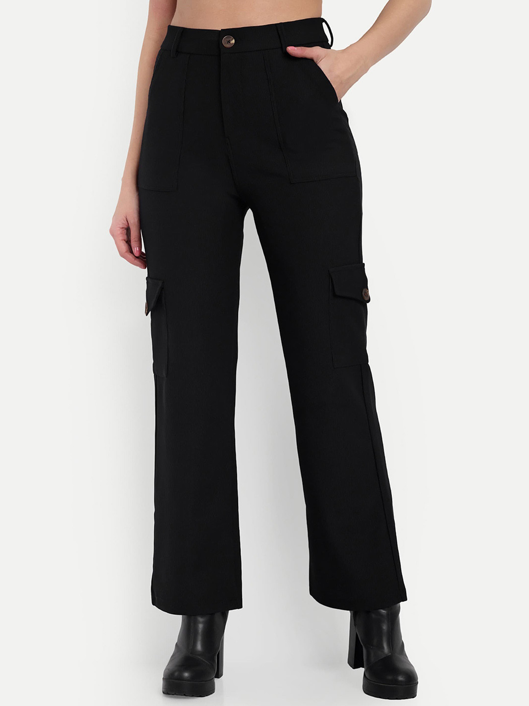 BROADSTAR Women Smart Straight Fit High-Rise Easy Wash Corduroy Cotton Cargos Trouser
