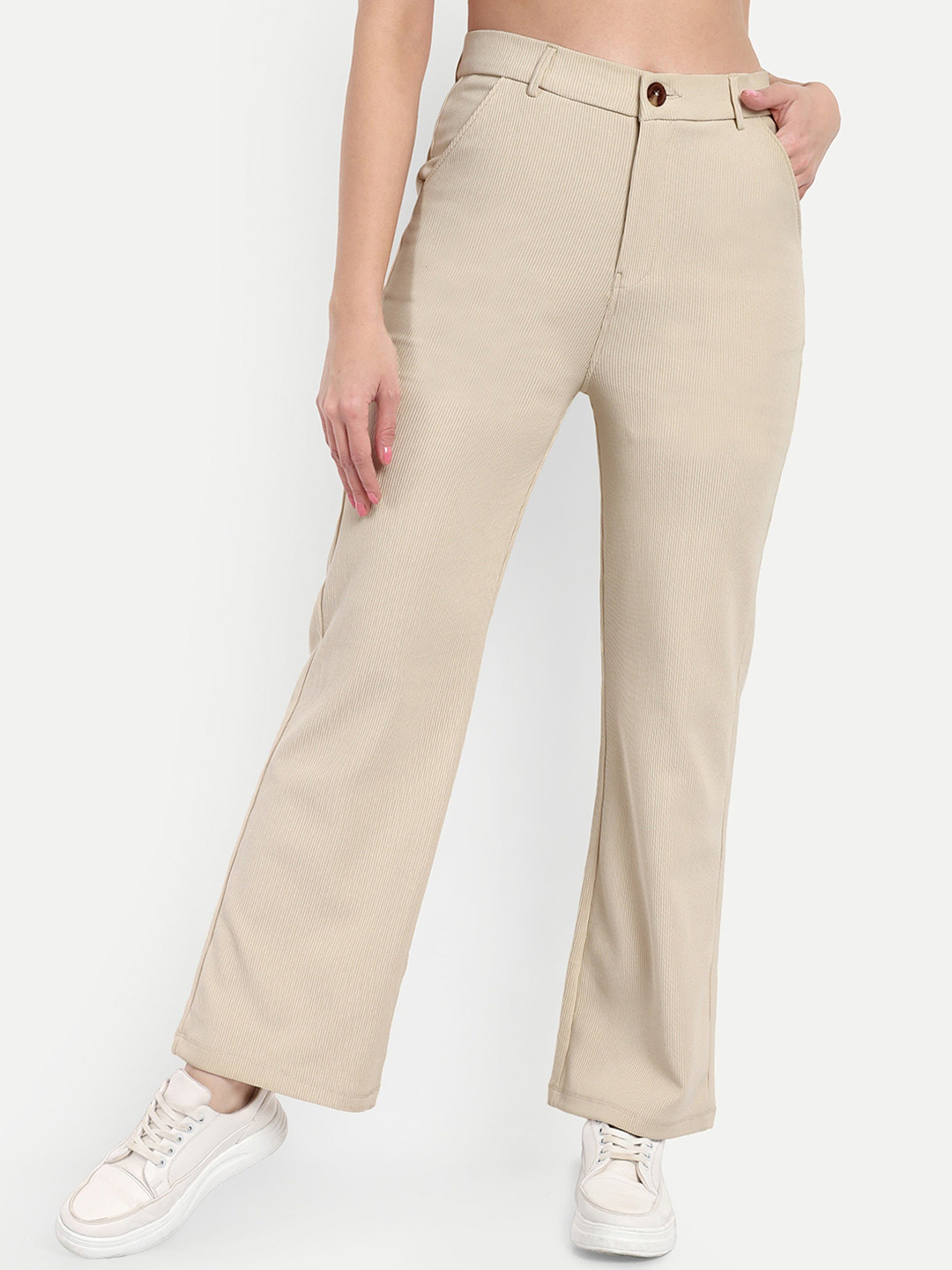 BROADSTAR Women Smart Straight Fit High-Rise Easy Wash Corduroy Cotton Parallel Trouser