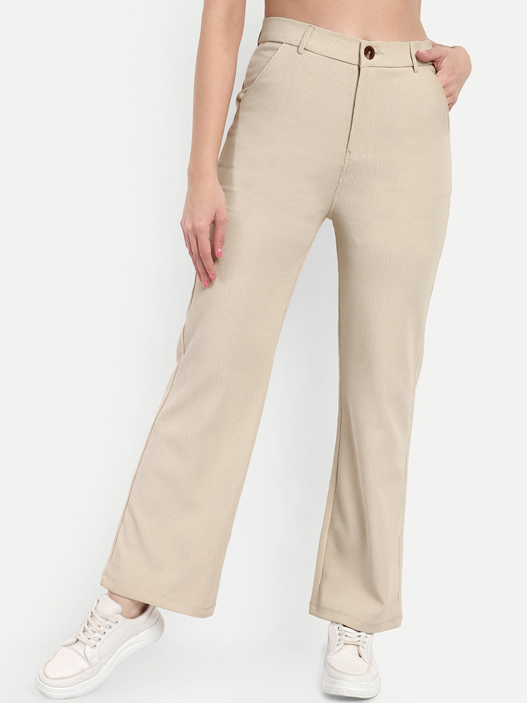 BROADSTAR Women Smart Straight Fit High-Rise Easy Wash Corduroy Cotton Parallel Trouser