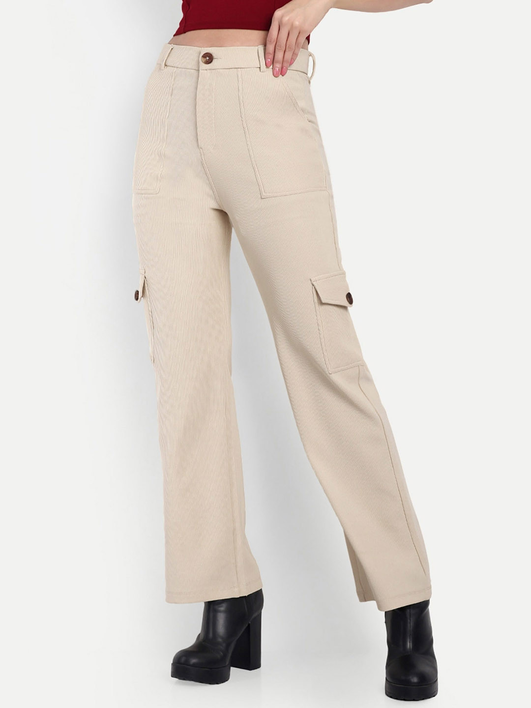 BROADSTAR Women Smart Straight Fit High-Rise Easy Wash Cotton Corduroy Formal Trousers