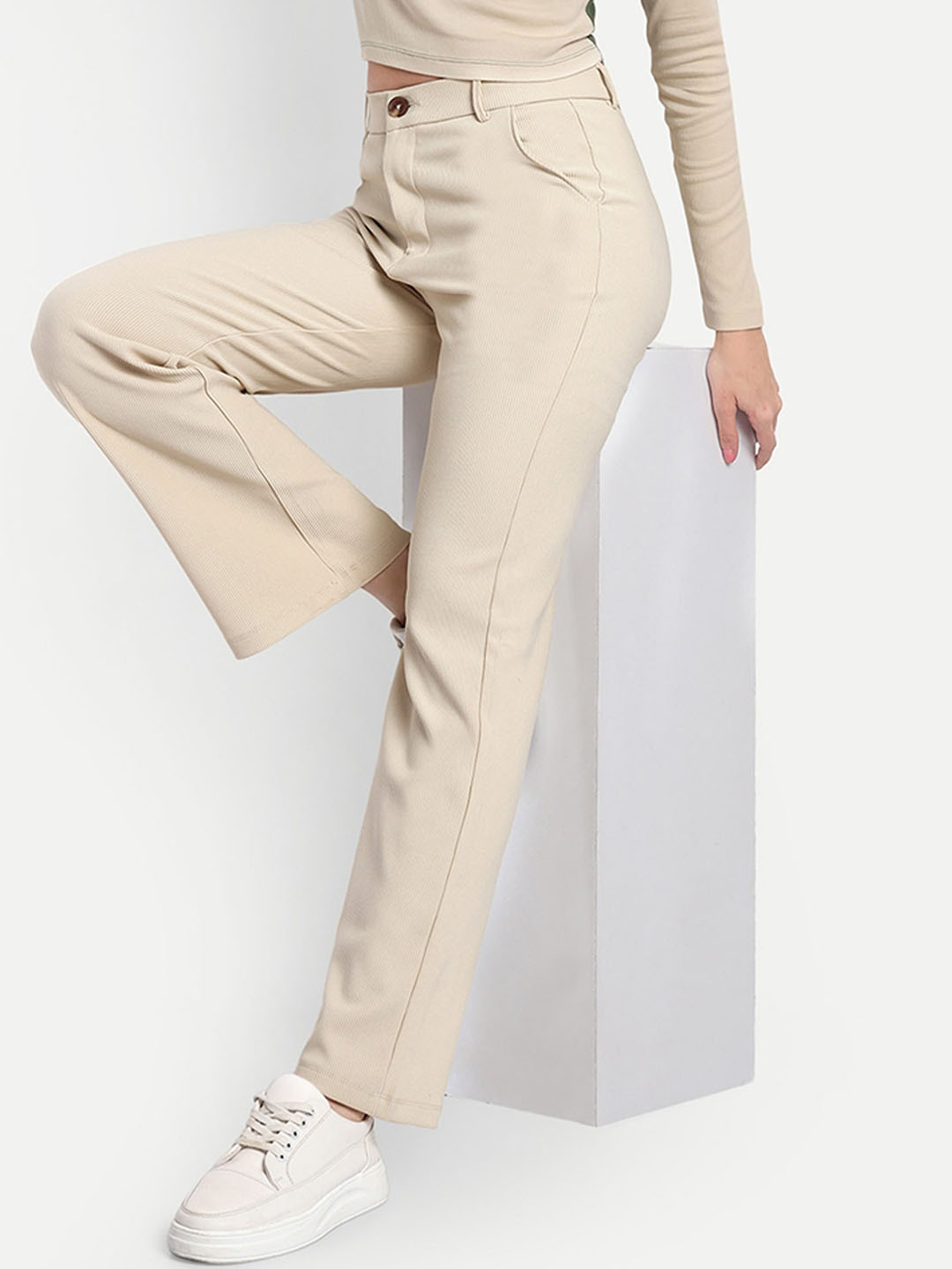 Next One Women Smart Straight Fit High-Rise Cotton Chinos Trousers