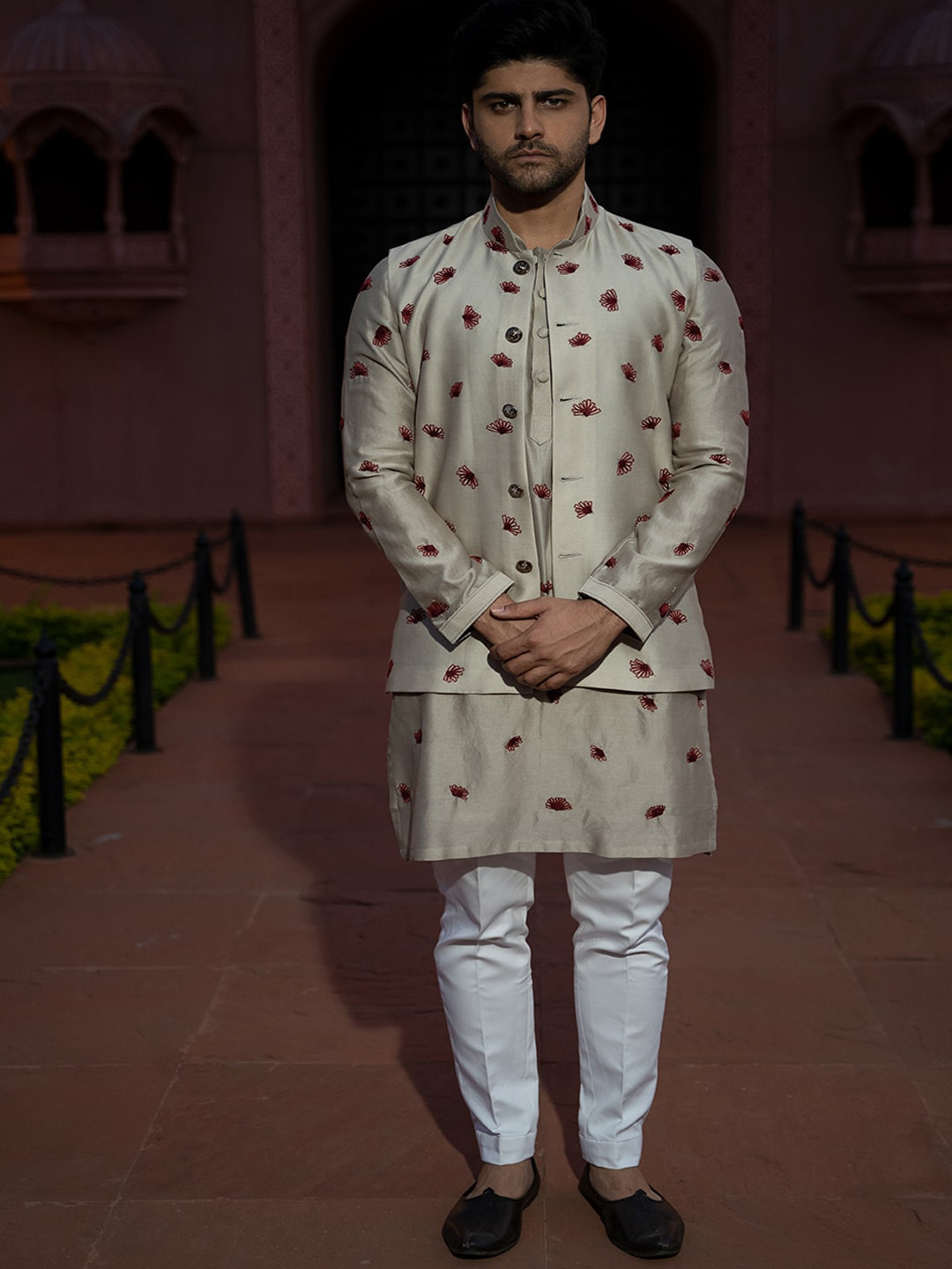 KAAJ BUTTON Woven Design Embroidered Mandarin Collar A-Line Kurta With Pyjama