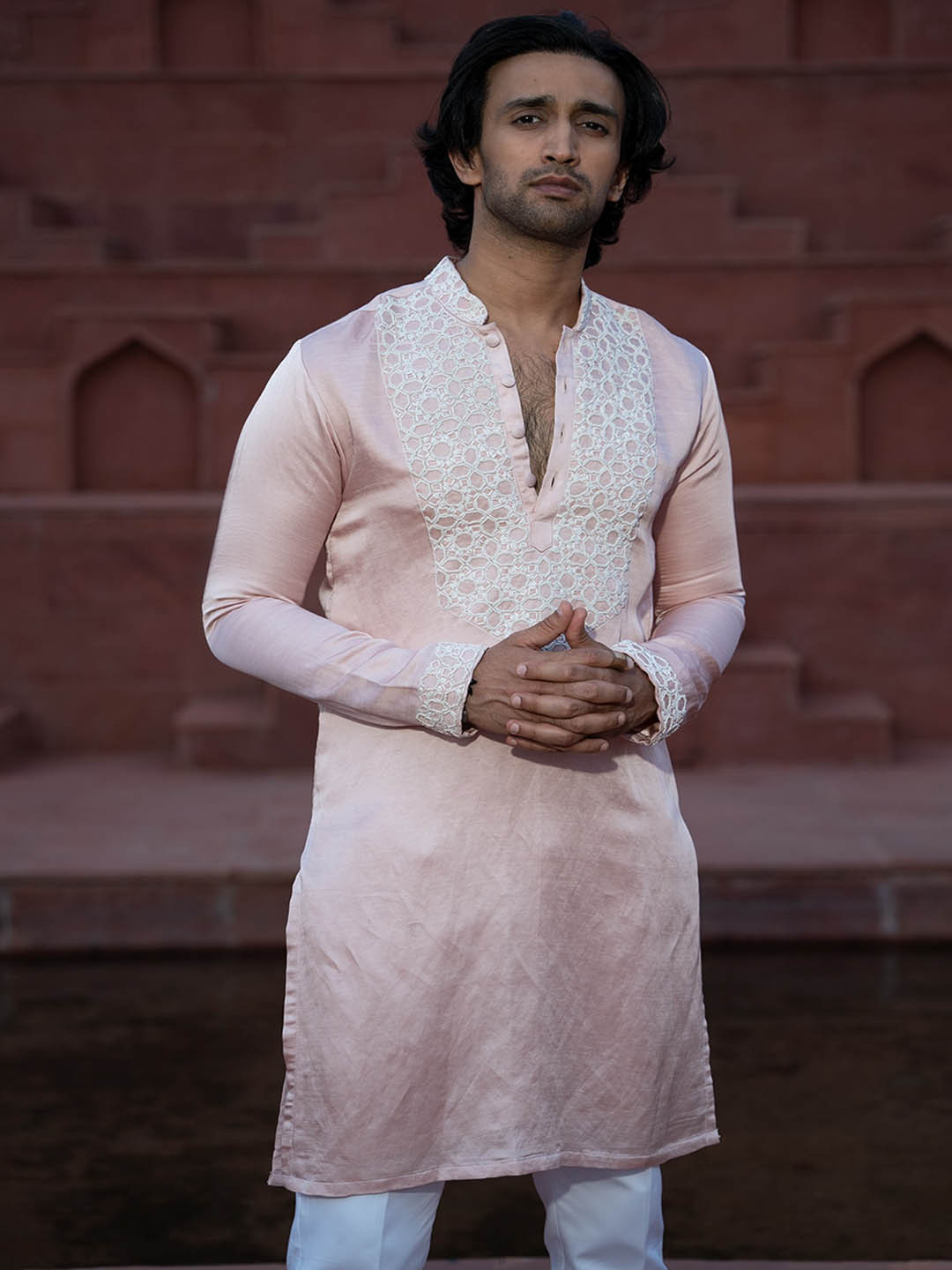 KAAJ BUTTON Yoke Design Geometric Mandarin Collar Thread Work Satin Kurta with Trouser
