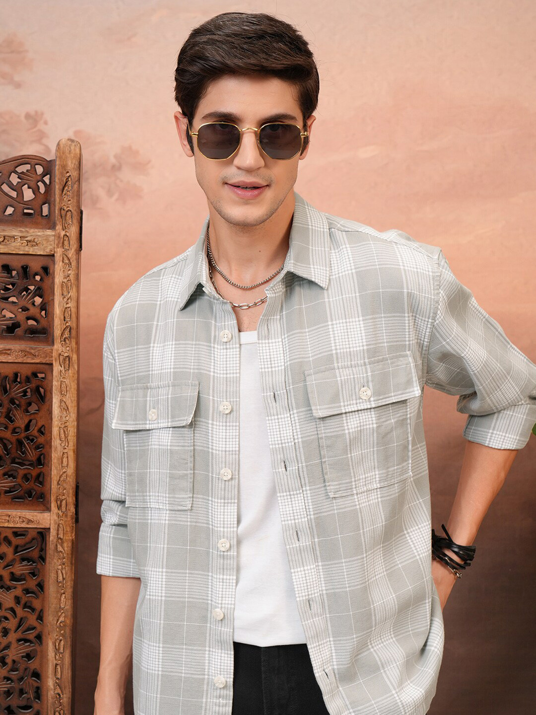 LOCOMOTIVE Premium Dobby Textured Checked Utility Pocket Oversized Overshirt