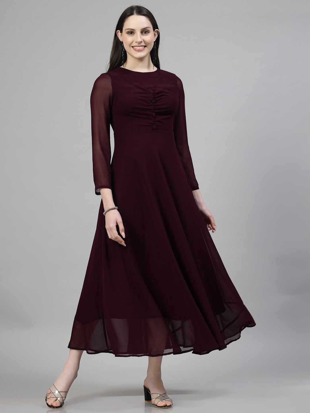 aayu Georgette Round Neck Long Sleeves Maxi Casual Dress
