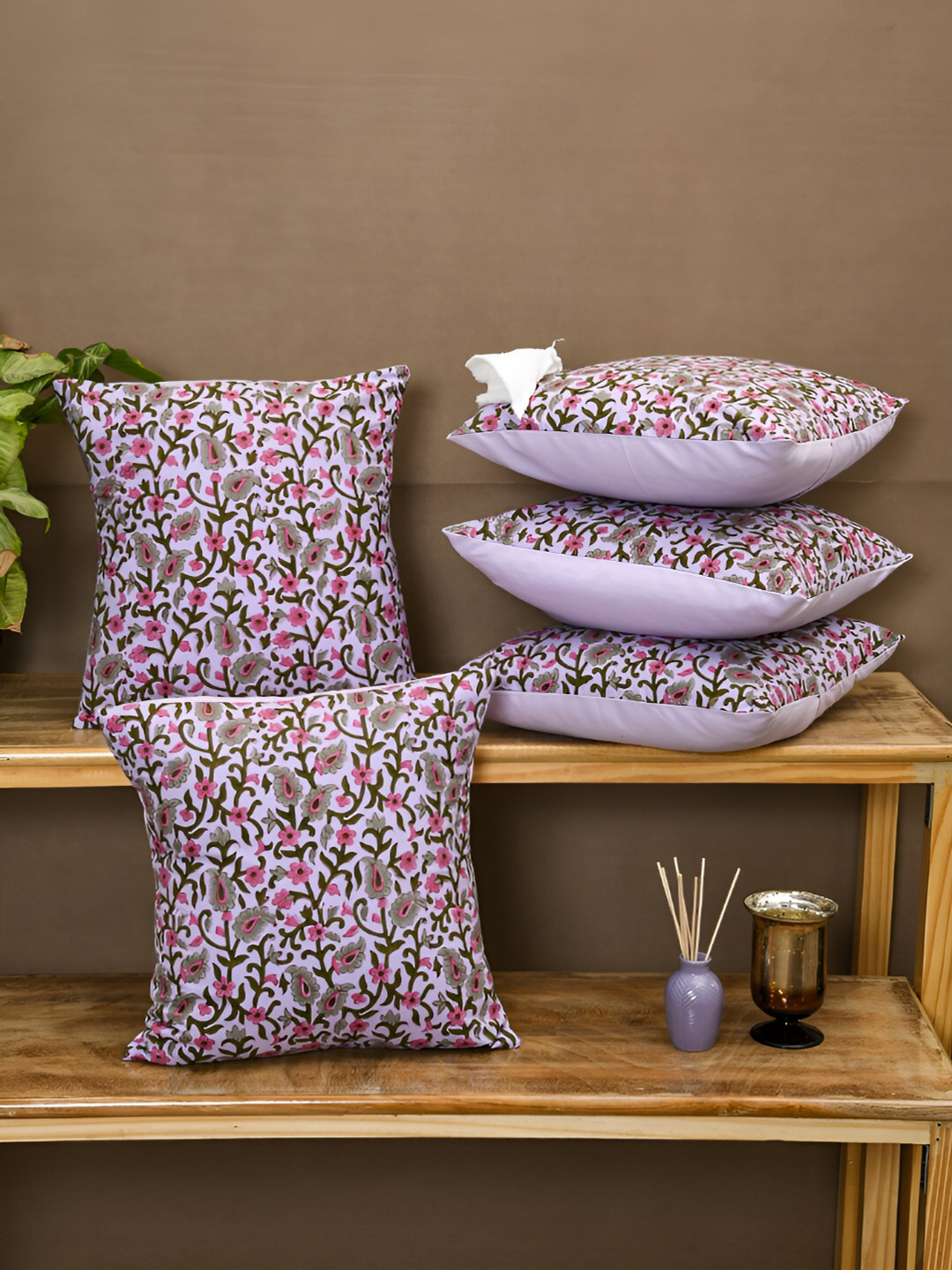 Aura Floral Lavender Floral Cotton Breathable 5 Square Cushion Covers -16x16In
