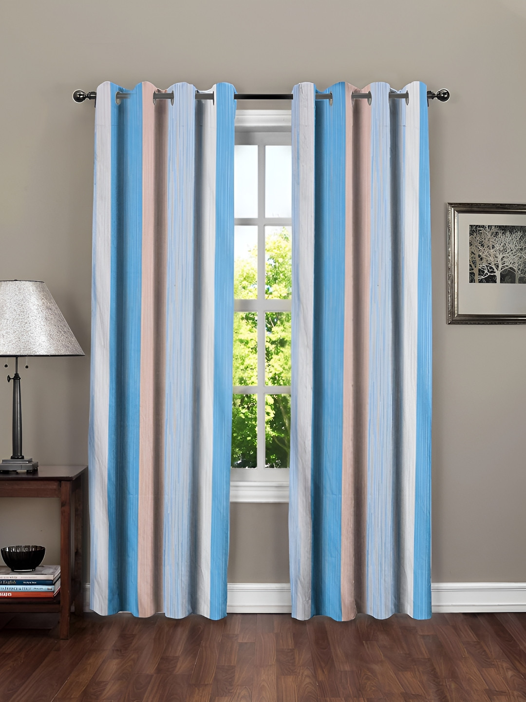 RRC Blue & White 2 Pieces Striped Room Darkening Door Curtain