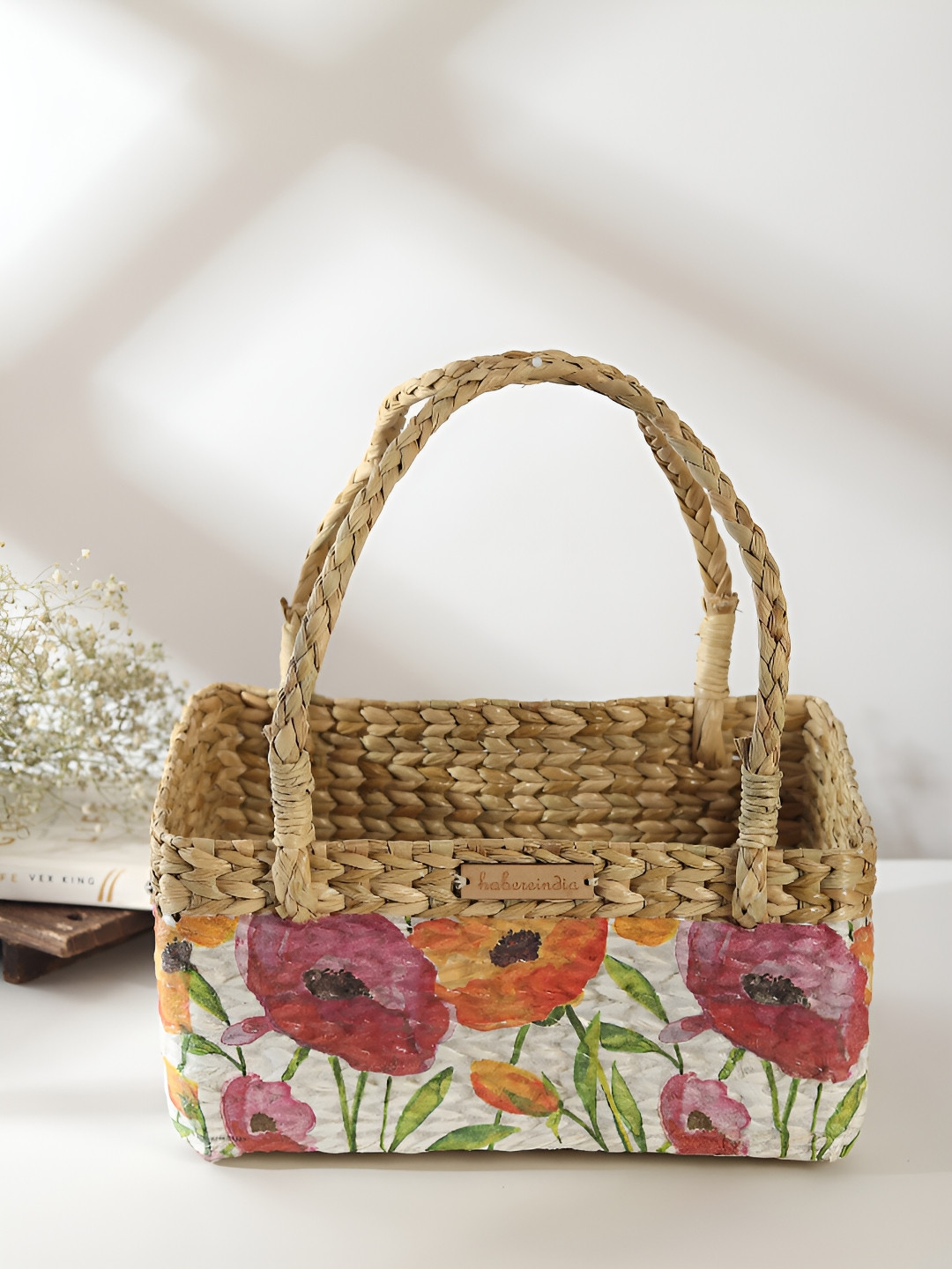 HABERE INDIA White Bohemian Bamboo Multi-Utility Seagrass Fruits Organiser