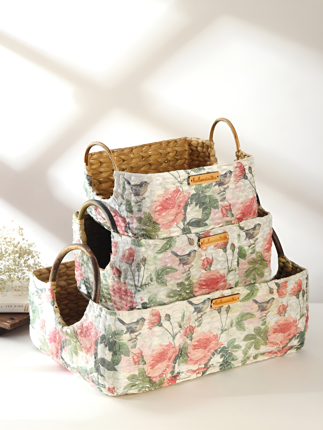 HABERE INDIA Bohemian White & Pink 3Pcs Printed Regular Storage Tray Organisers