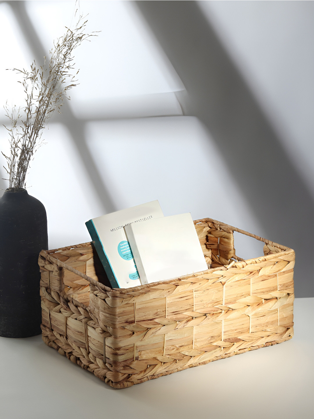 HABERE INDIA Bohemian Beige Bamboo Multi-Utility Waterhyacinth Open Storage Organisers