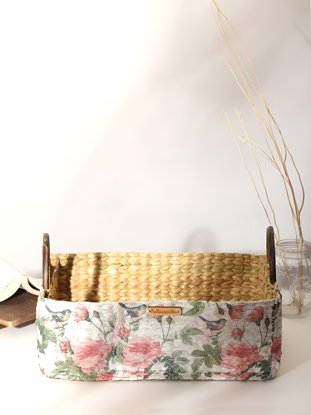 HABERE INDIA Bohemian White & Pink Printed Regular Tote Basket Storage Tray  Organiser