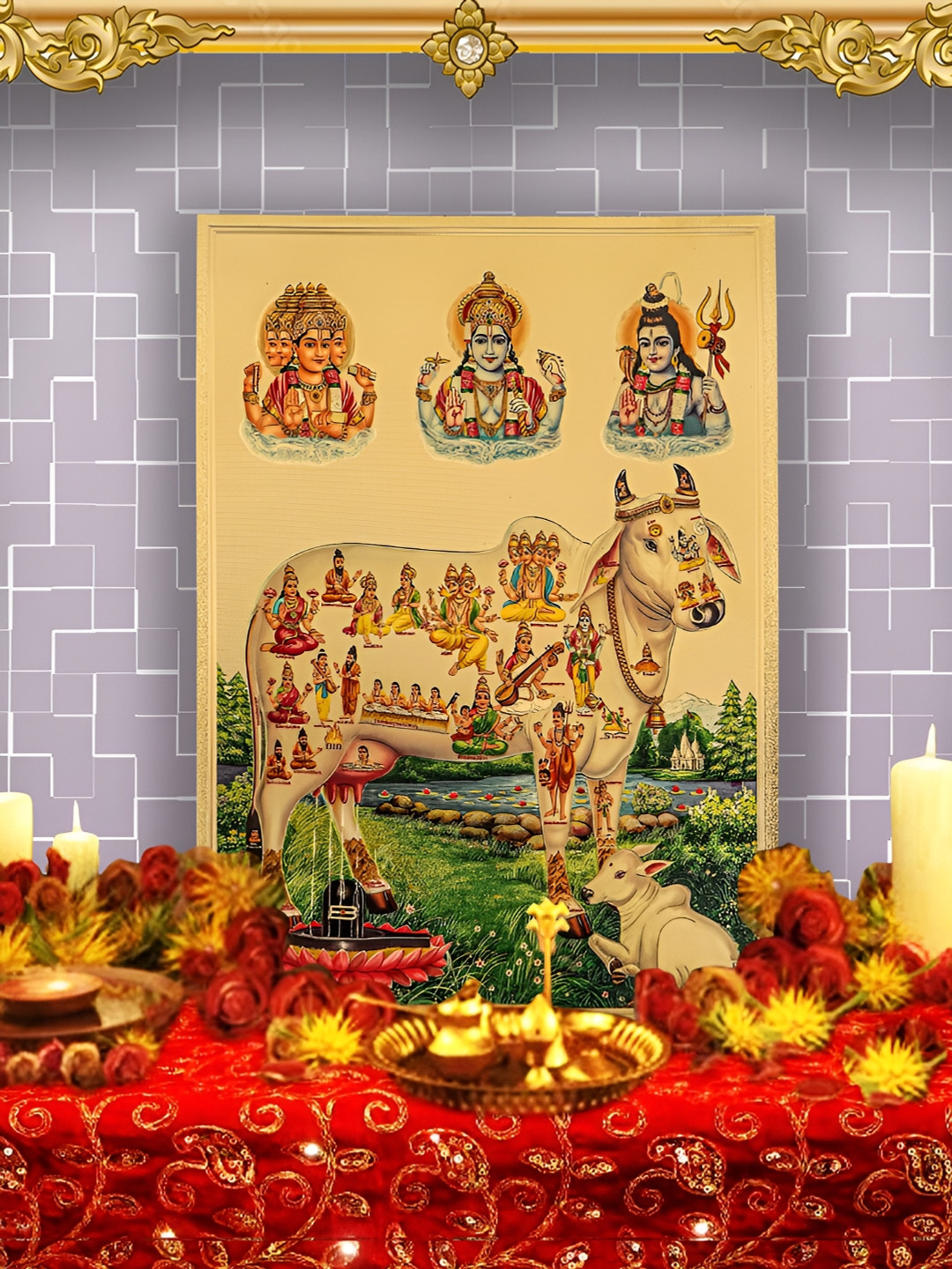 Hawai Gold Plated Kamdhenu Cow with Calf Gods Religious Wall Photo Frames