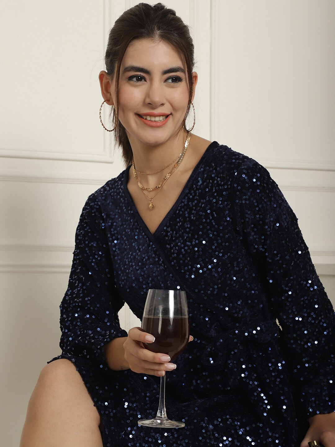 Indian Needle Embellished Puff Sleeves Wrap Velvet Dress