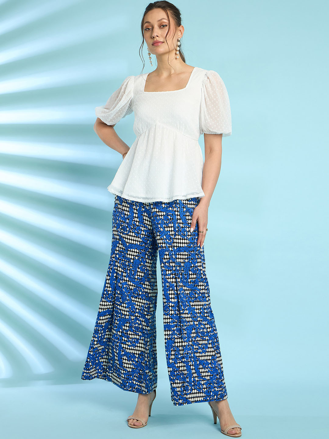 Antheaa White & Blue Square Neck Puff Sleeves Top With Palazzo